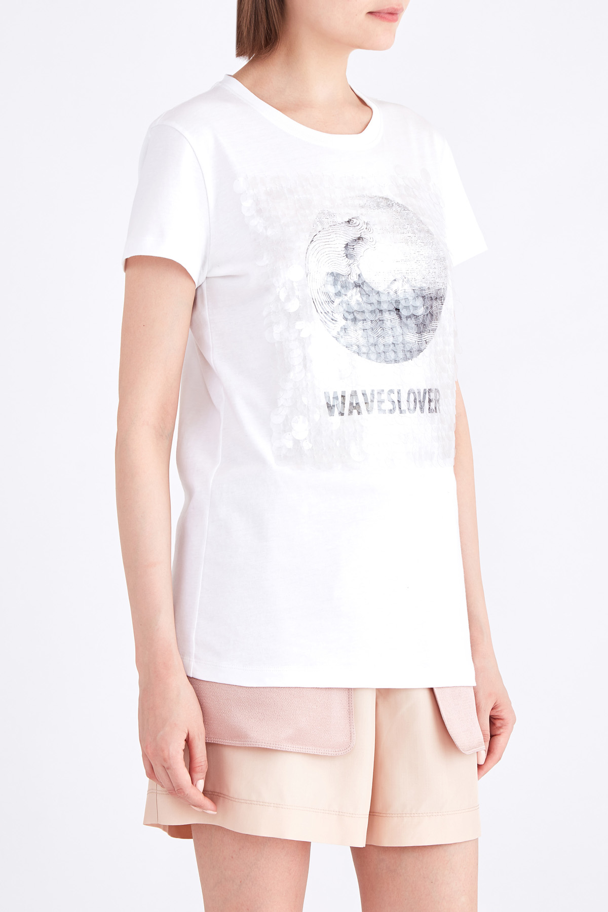 Хлопковая футболка с черно-белой аппликацией и вышивкой пайетками VALENTINO, цвет белый, размер 42;44 - фото 3