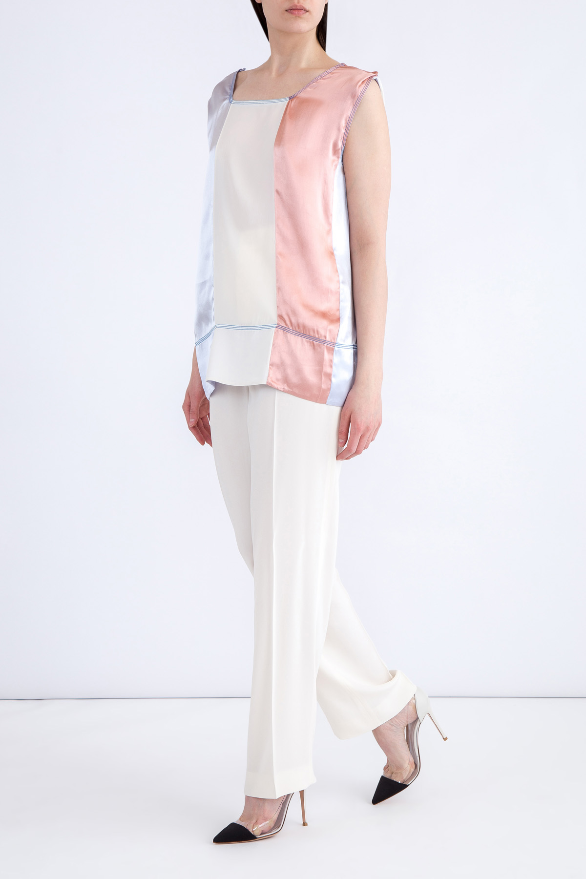 Блузка без рукавов из струящейся атласной ткани с контрастной строчкой MARNI, цвет мульти, размер 40;42;44 - фото 2