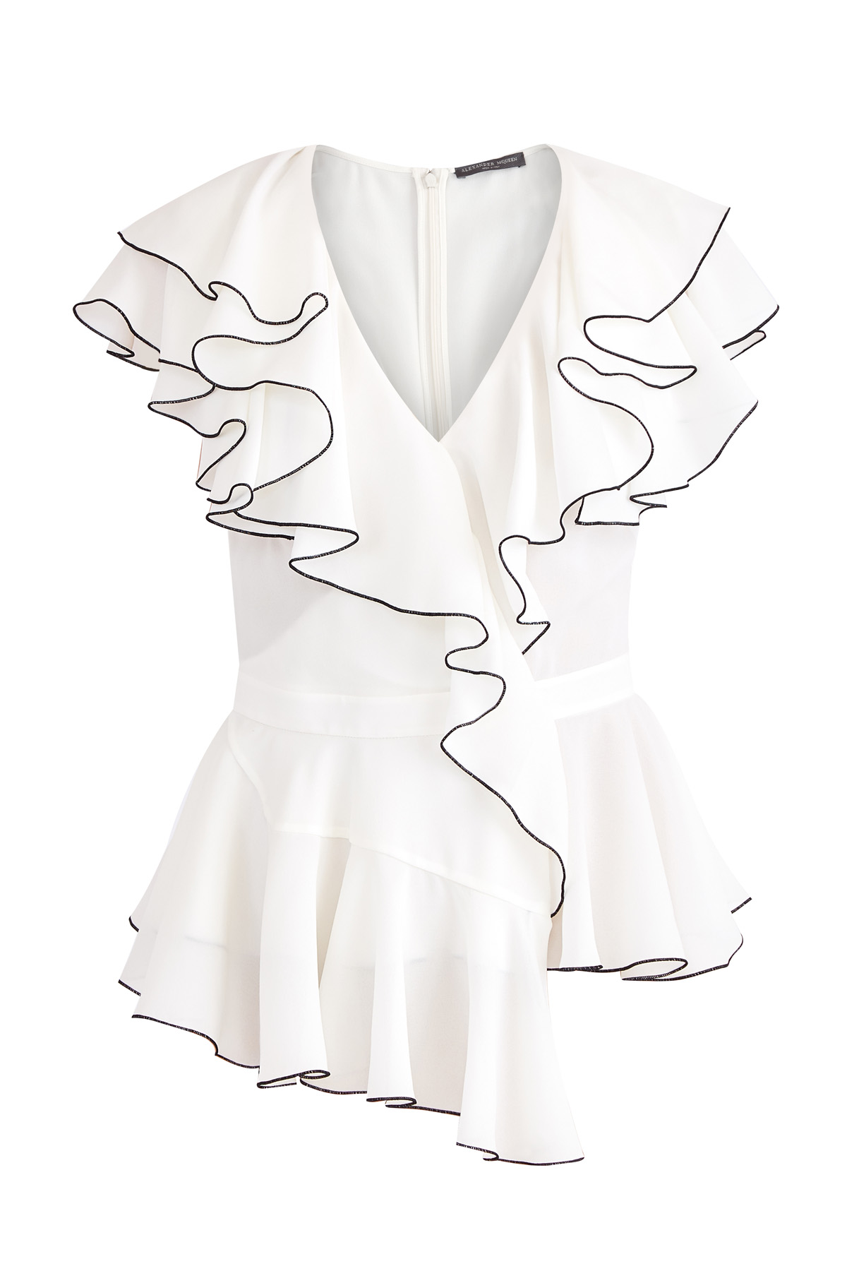 Блуза из шелка с объемными оборками и контрастной окантовкой ALEXANDER MCQUEEN, цвет белый, размер 40;42 - фото 1
