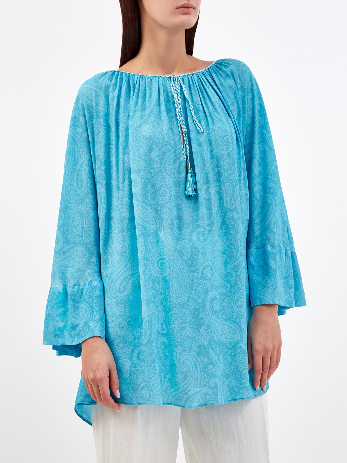 Легкая блуза с плетеными кисточками и принтом в тон ETRO, цвет голубой, размер 40;42;44;46;38 - фото 3