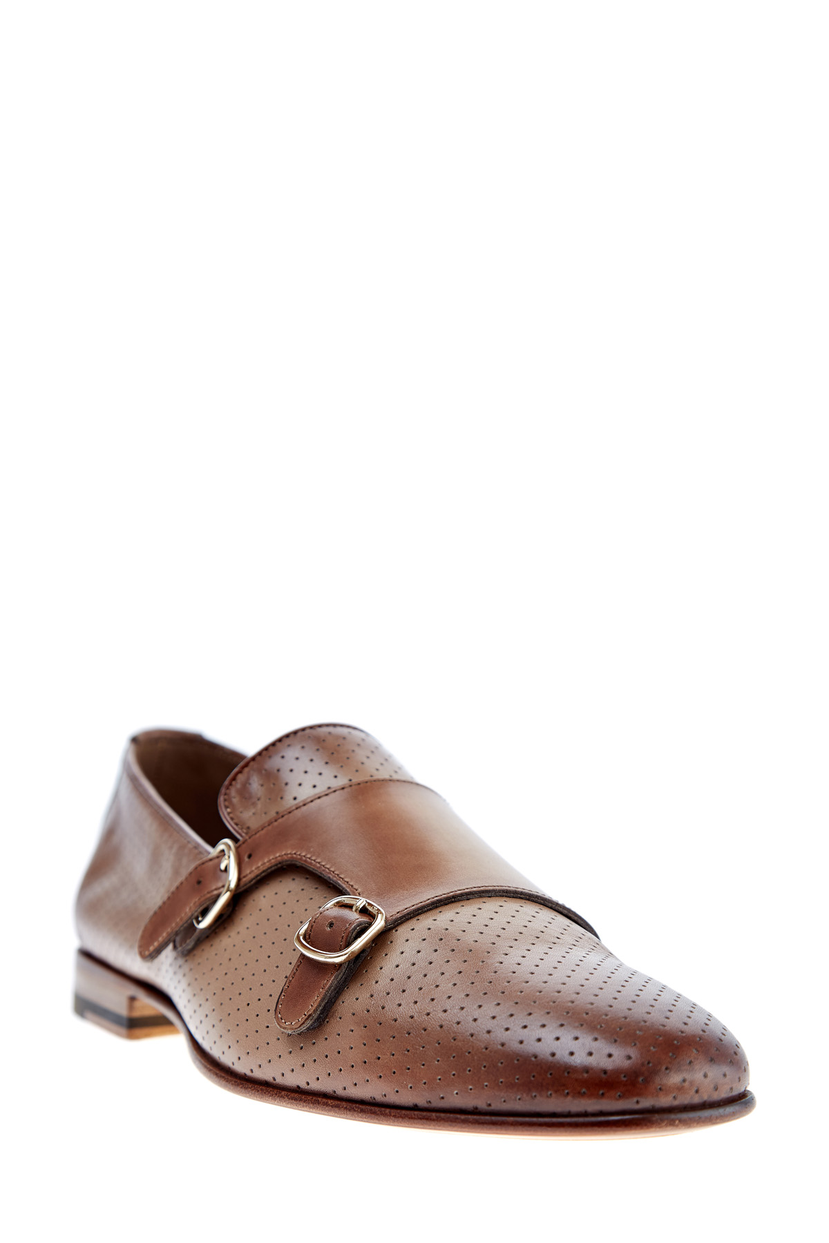 Перфорированные туфли-монки из полированной кожи с эффектом патины SANTONI, цвет коричневый, размер 40.5;41;41.5;42;42.5;43;43.5;44 - фото 3