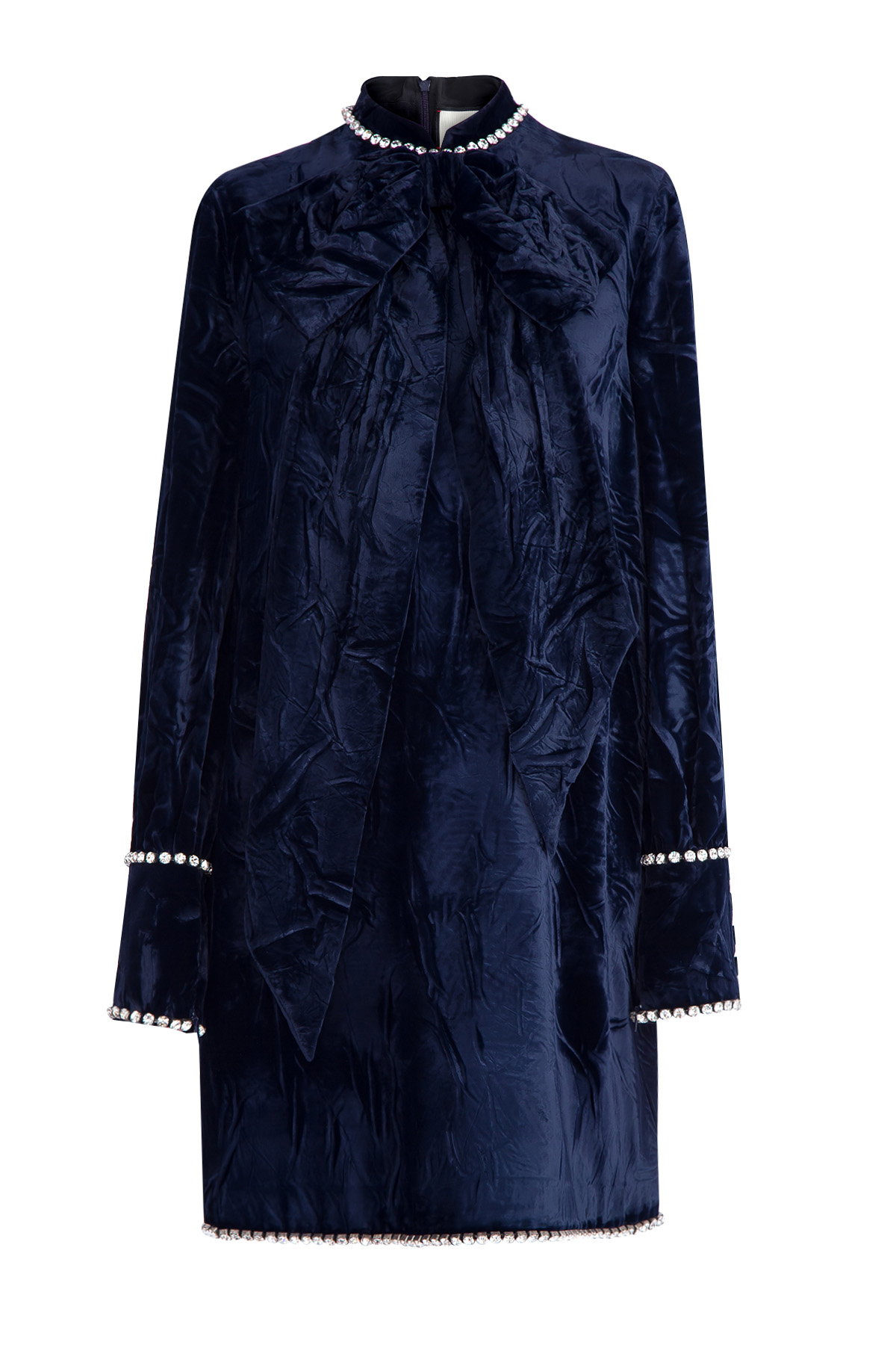 Платье из шелкового бархата с бантом и кристаллами GUCCI, цвет синий, размер 42 - фото 1