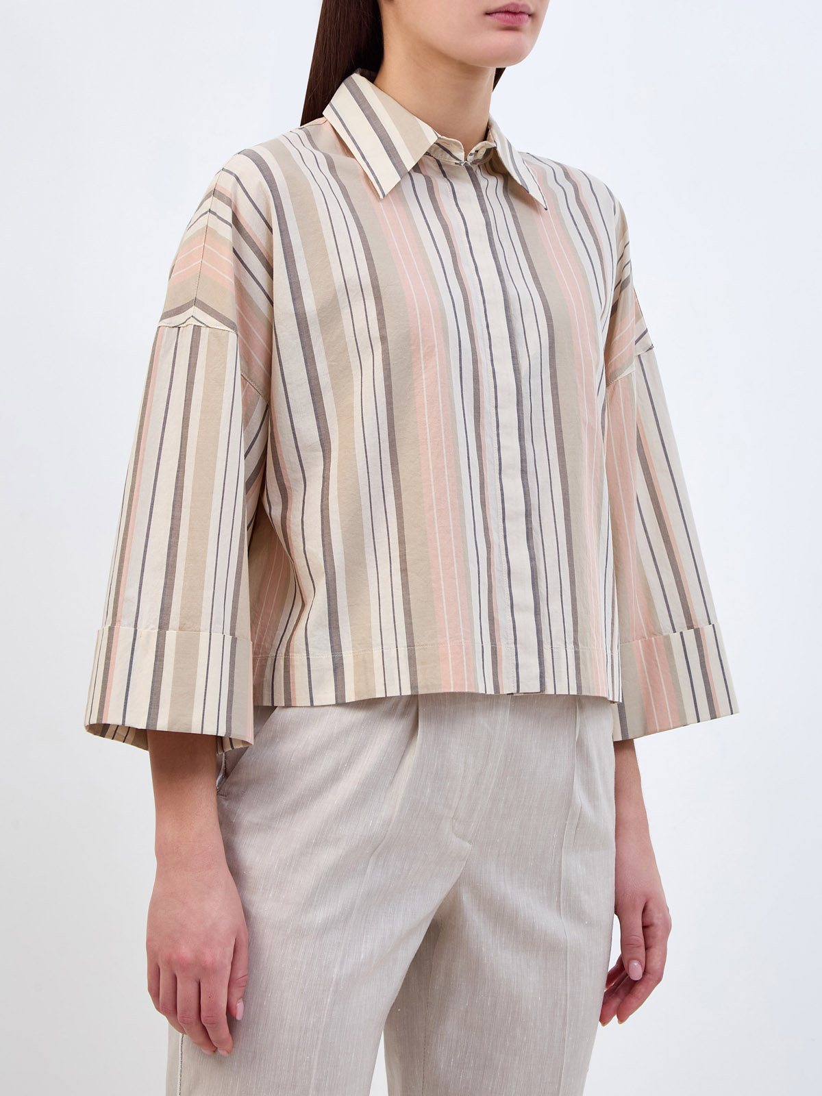 Укороченная рубашка из хлопкового поплина с принтом в полоску PESERICO, цвет бежевый, размер 40;42;44 - фото 3