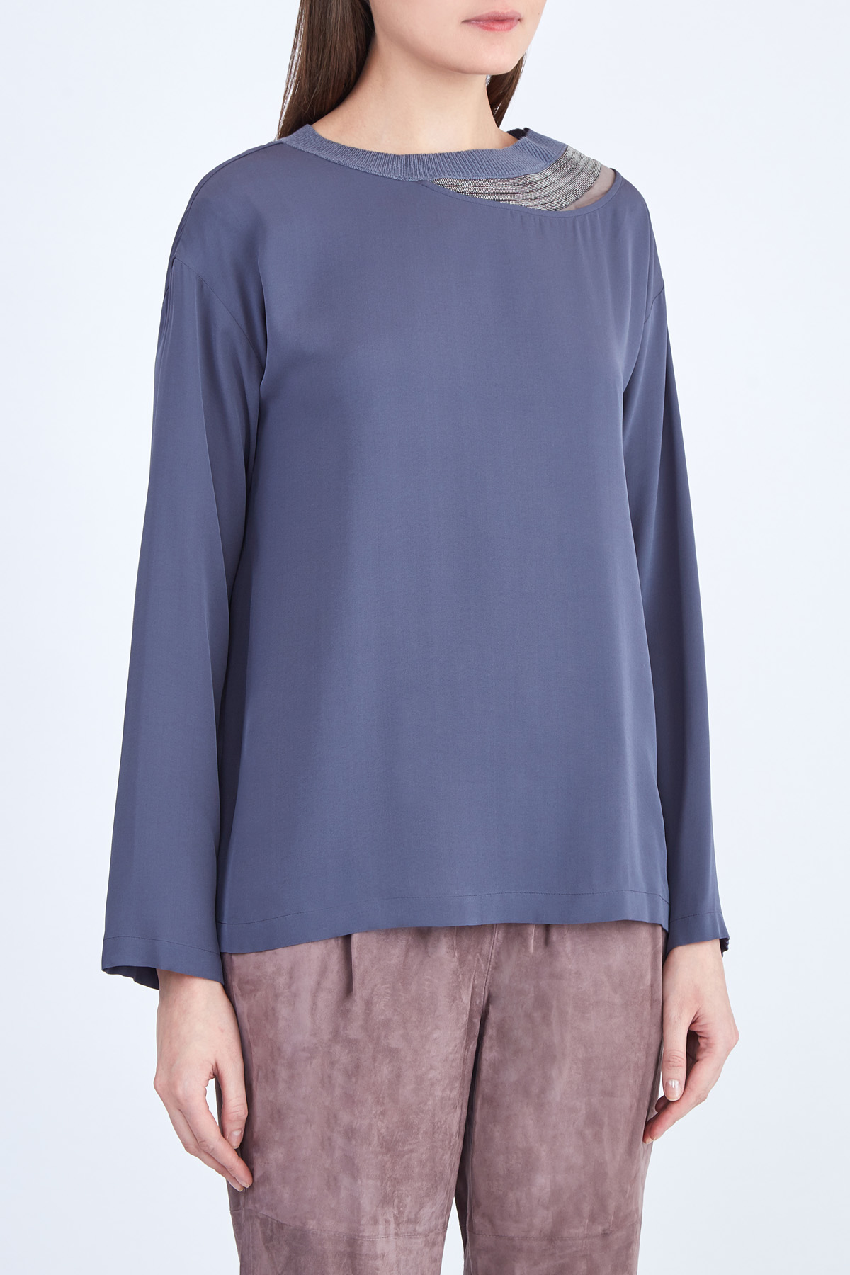 Шелковая блузка с трикотажным воротом, разрезом и цепочками бусин FABIANA FILIPPI, цвет синий, размер 44 - фото 3