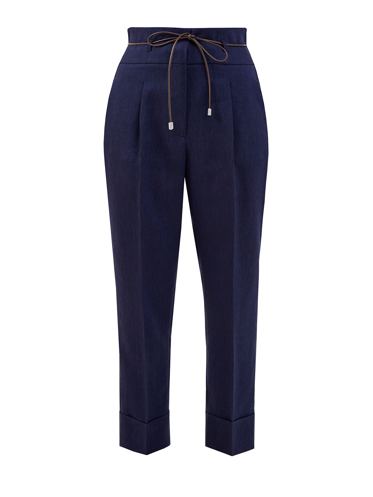 Высокие брюки из льна с тонким кожаным поясом PESERICO, цвет синий, размер 44;46;48;50;42 - фото 1