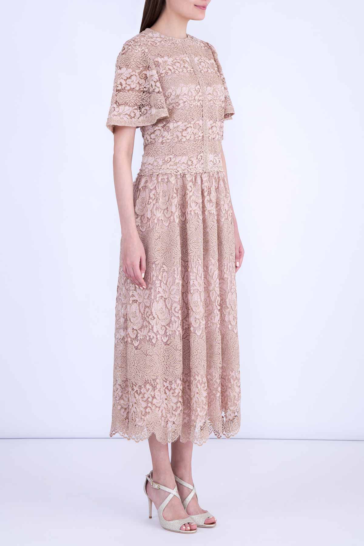Платье-миди из кружева ручной работы с заниженной линией талии VALENTINO, цвет бежевый, размер 42 - фото 3