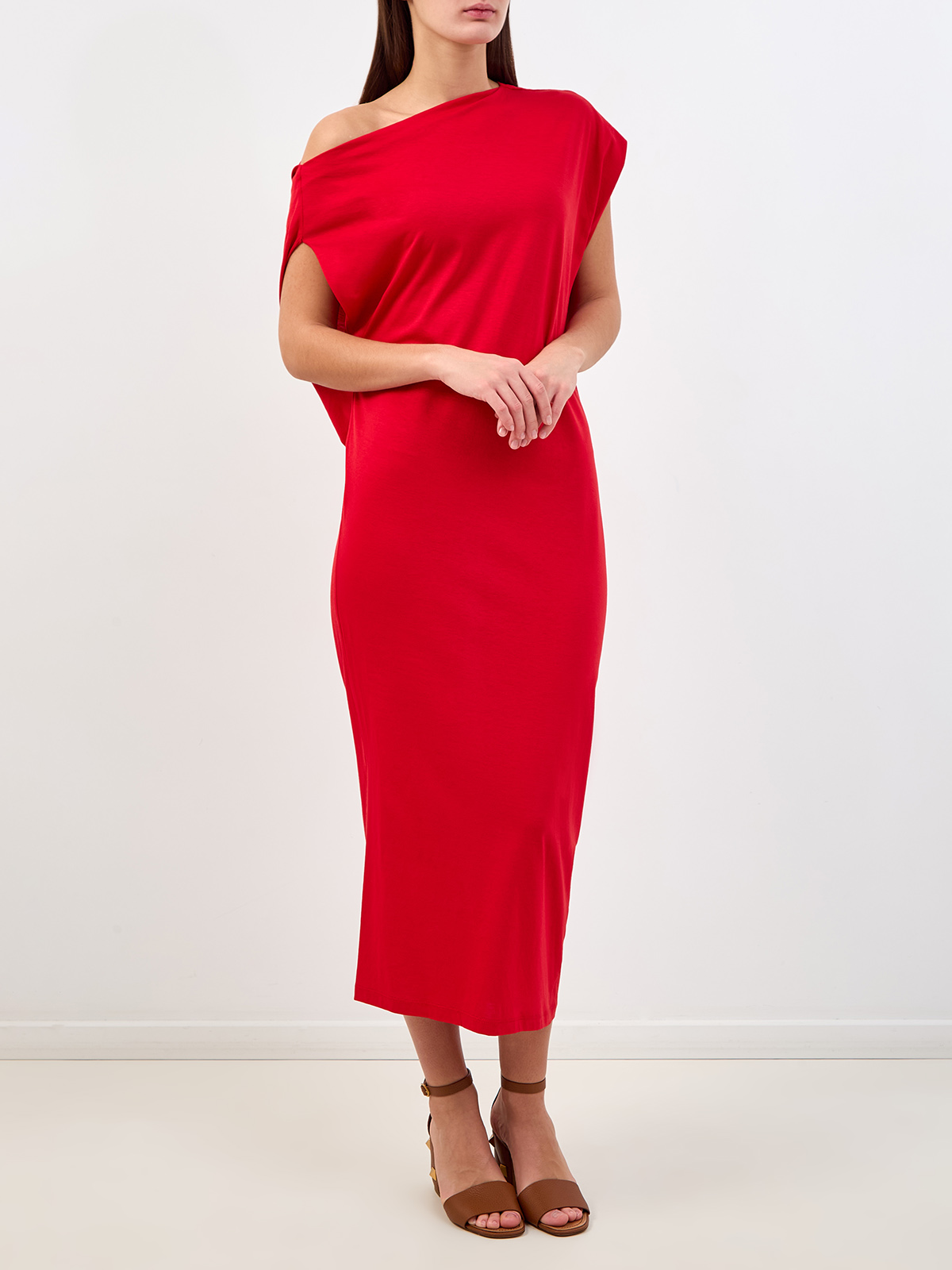Платье из тонкого модала и хлопка с асимметричным вырезом и завязками GENTRYPORTOFINO, цвет красный, размер 42;44;46 - фото 3