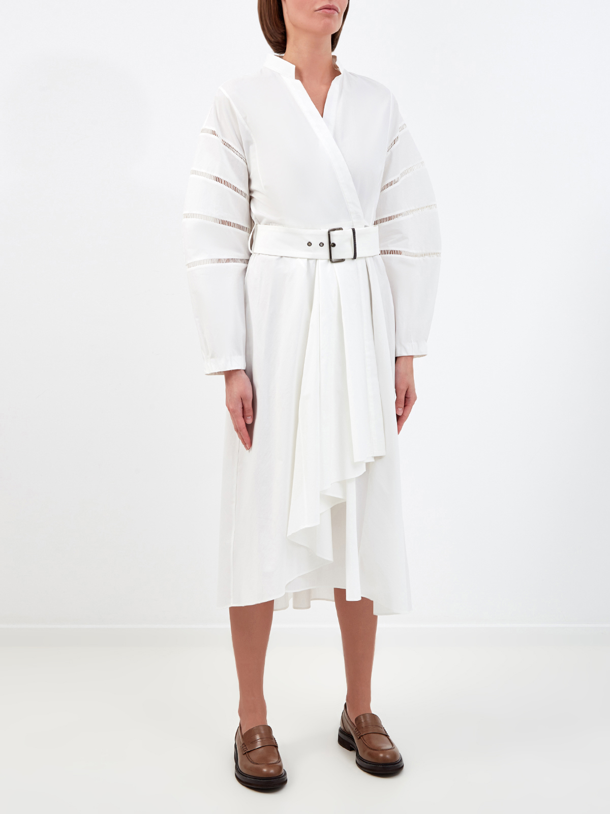 Хлопковое платье на запах с архитектурными рукавами BRUNELLO CUCINELLI, цвет белый, размер 42;44;46;40 - фото 3