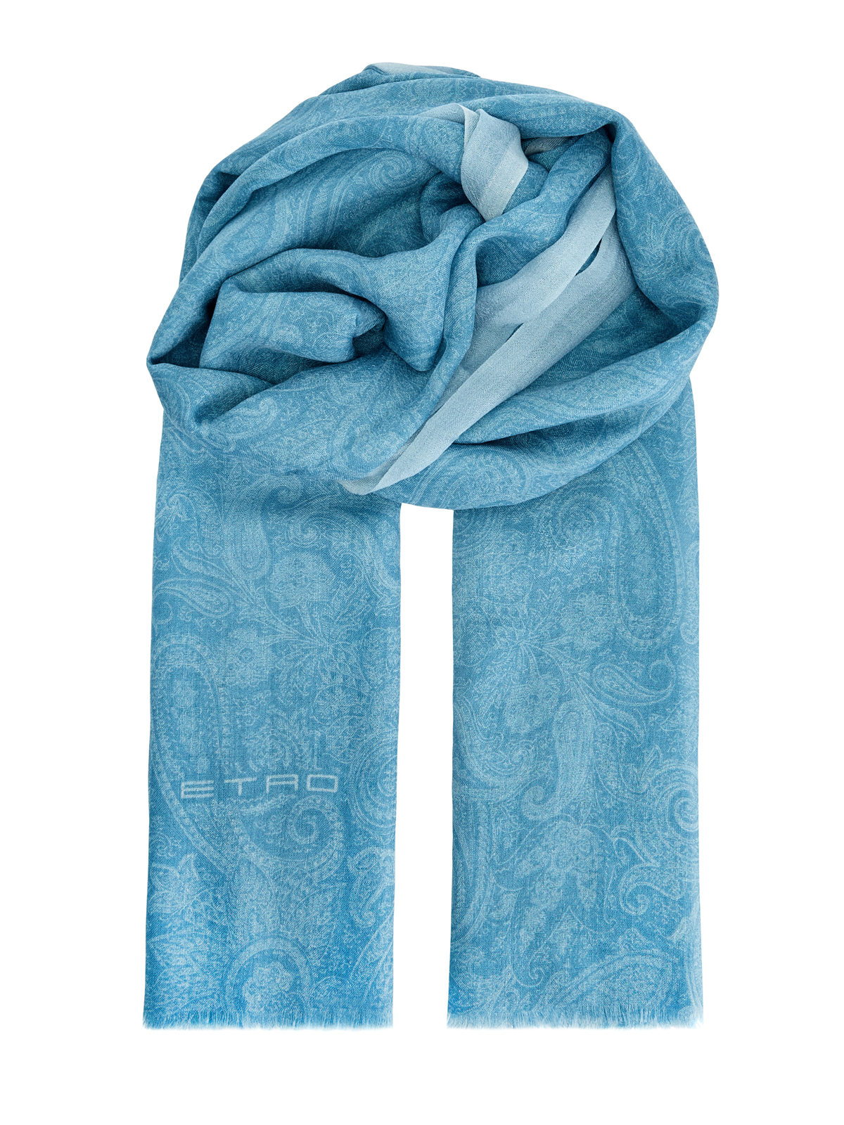 Кашемировый шарф с принтом пейсли и бахромой ETRO голубого цвета
