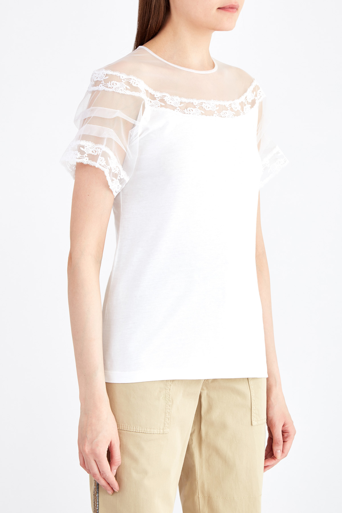 Блуза из джерси с вуалевой вставкой и кружевной вышивкой ERMANNO SCERVINO, цвет белый, размер 40 - фото 3
