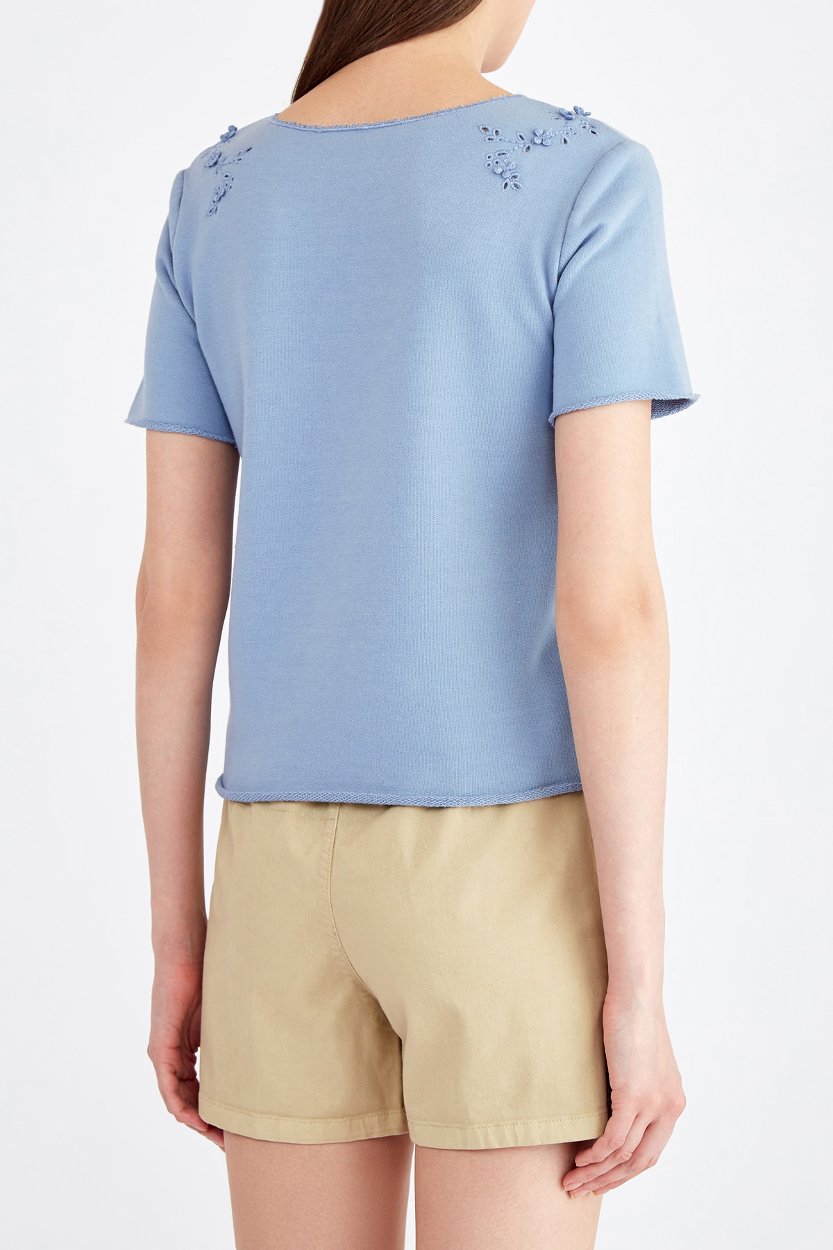 Укороченная футболка из футера с перфорированным кружевным узором ERMANNO SCERVINO, цвет голубой, размер 36;38;40 - фото 4