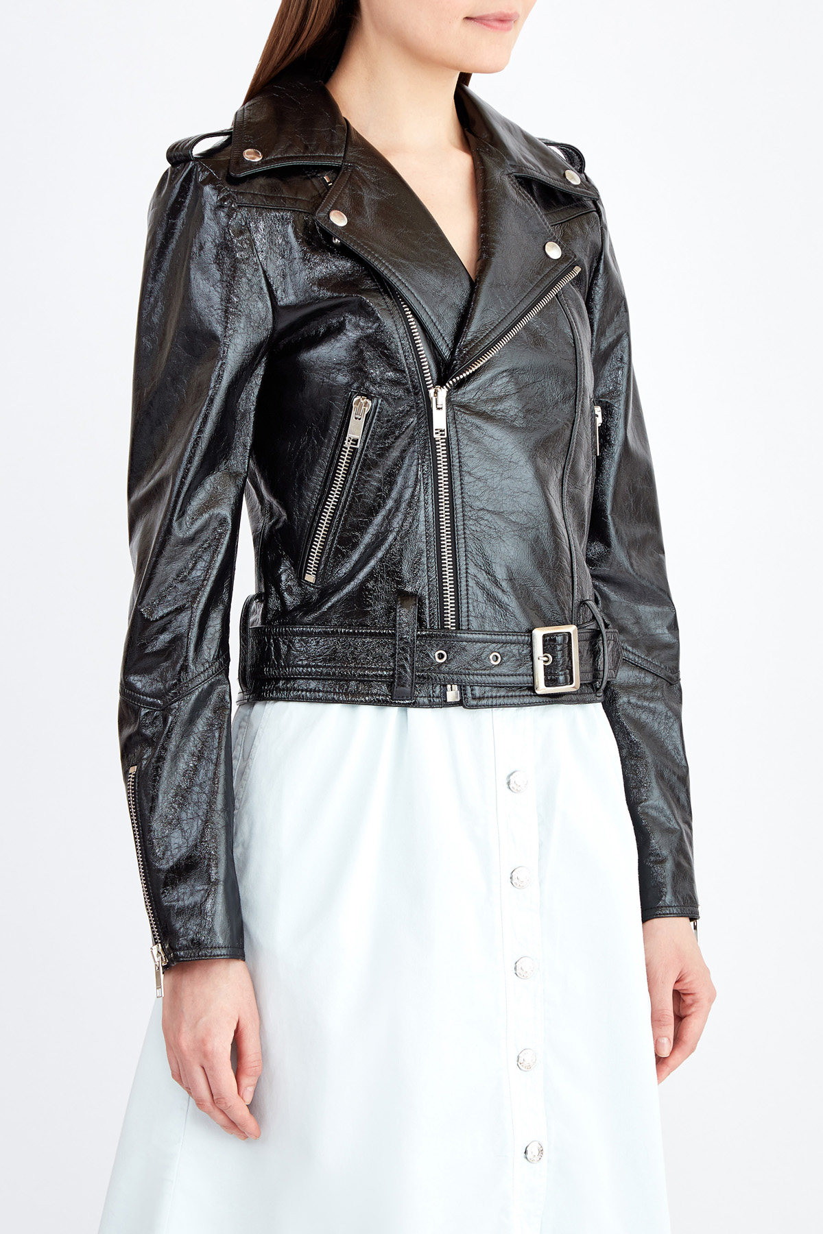 Кожаная куртка в байкерском стиле из лаковой кожи с эффектом кракле ALEXANDER TEREKHOV, цвет черный, размер 40;52 - фото 3