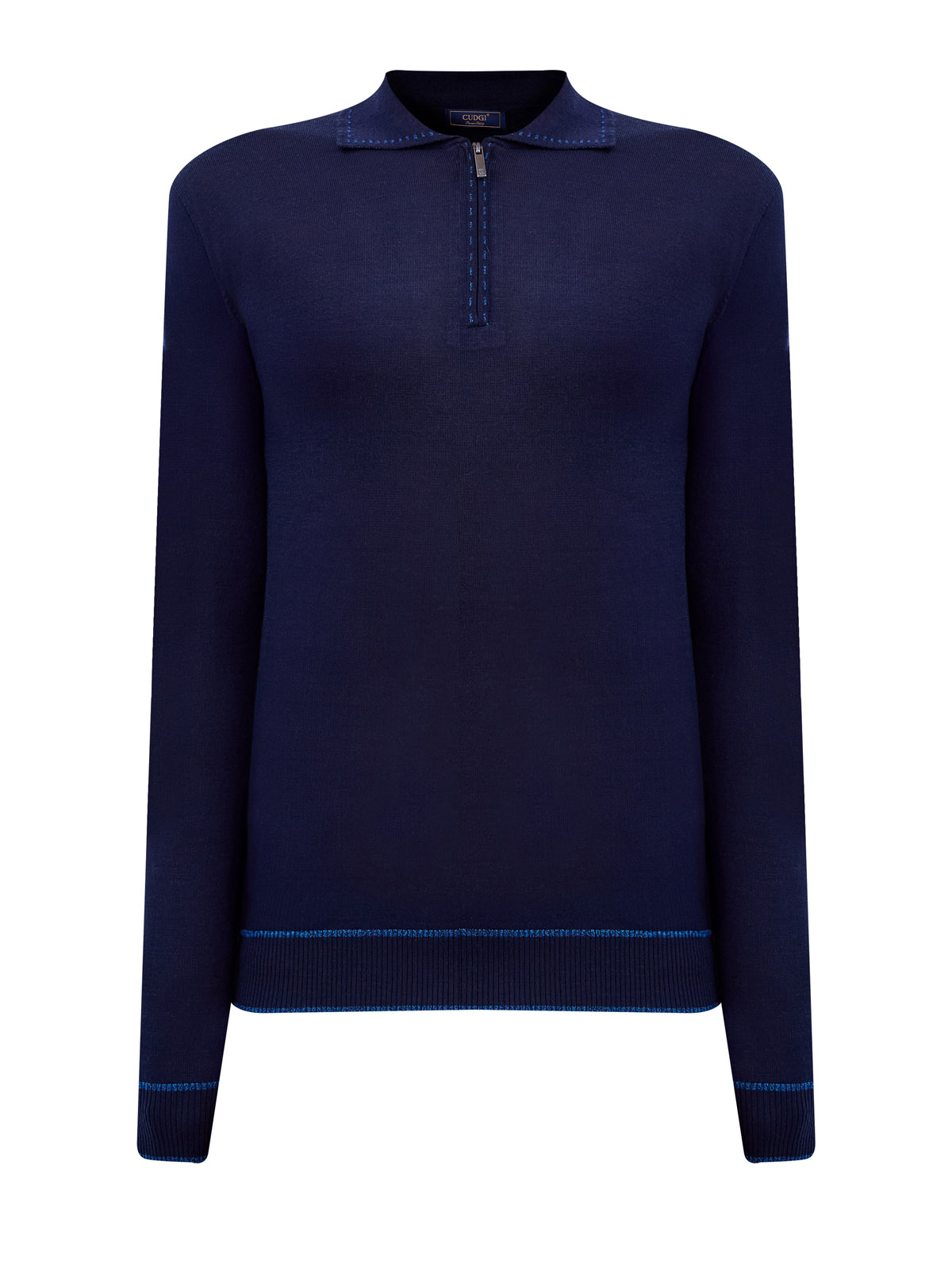 

Джемпер-поло с декоративной прострочкой и вязаной надписью, Синий, Джемпер-поло с декоративной прострочкой и вязаной надписью