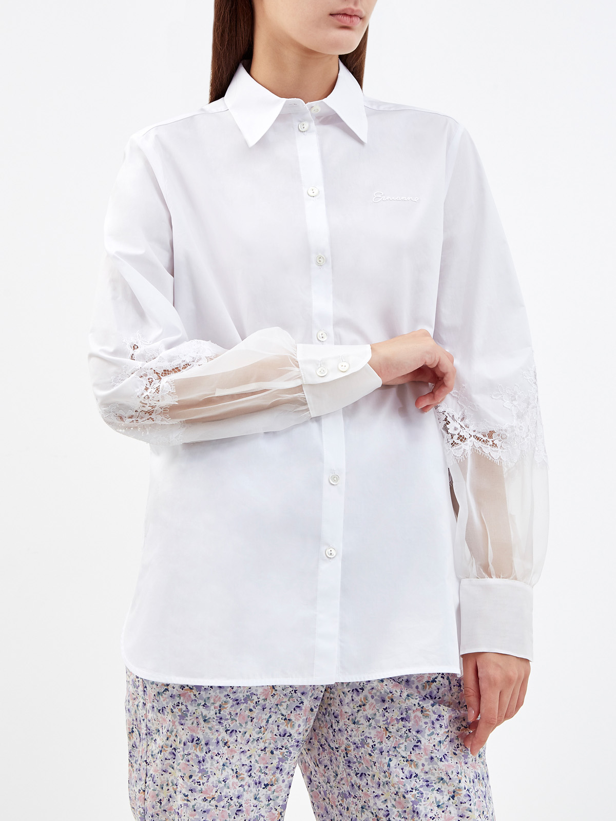 Хлопковая блуза с полупрозрачными вставками из органзы ERMANNO FIRENZE, цвет белый, размер 42;44;46;40 - фото 3