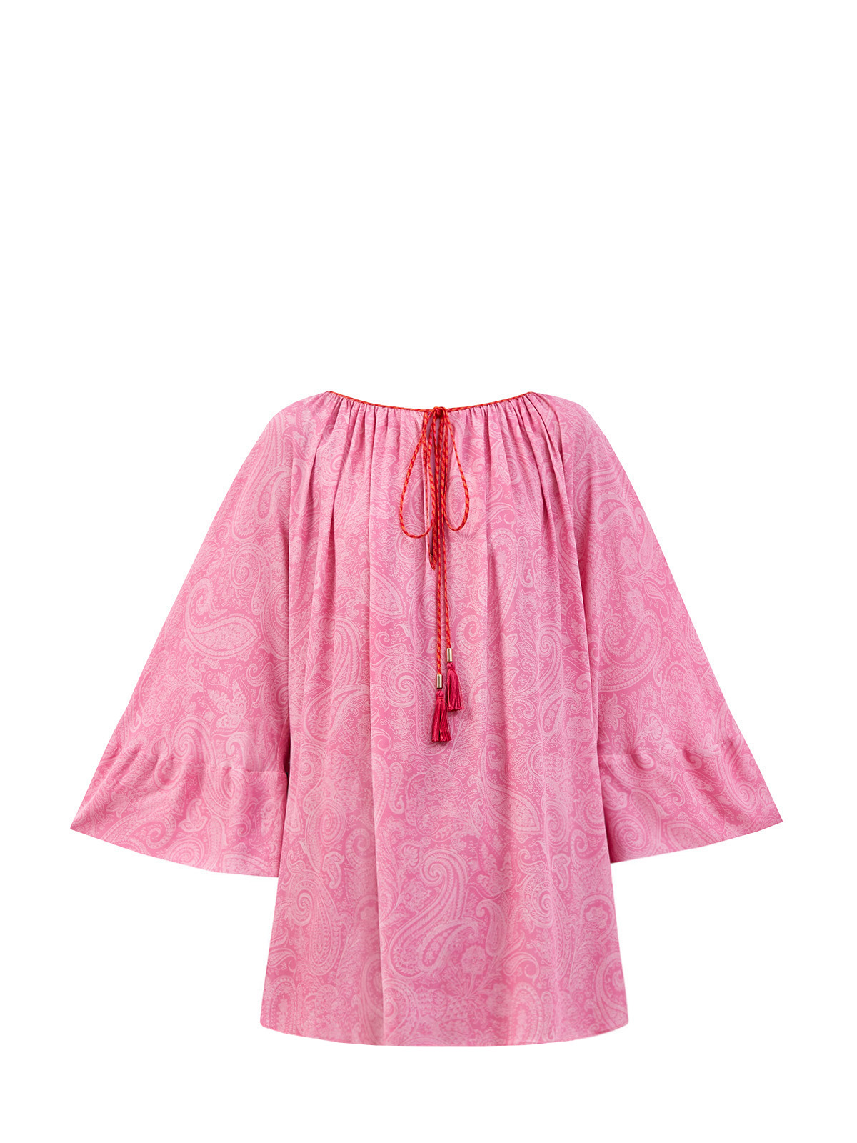 Блуза из тонкой вискозы с принтом и плетеными кисточками ETRO розового цвета