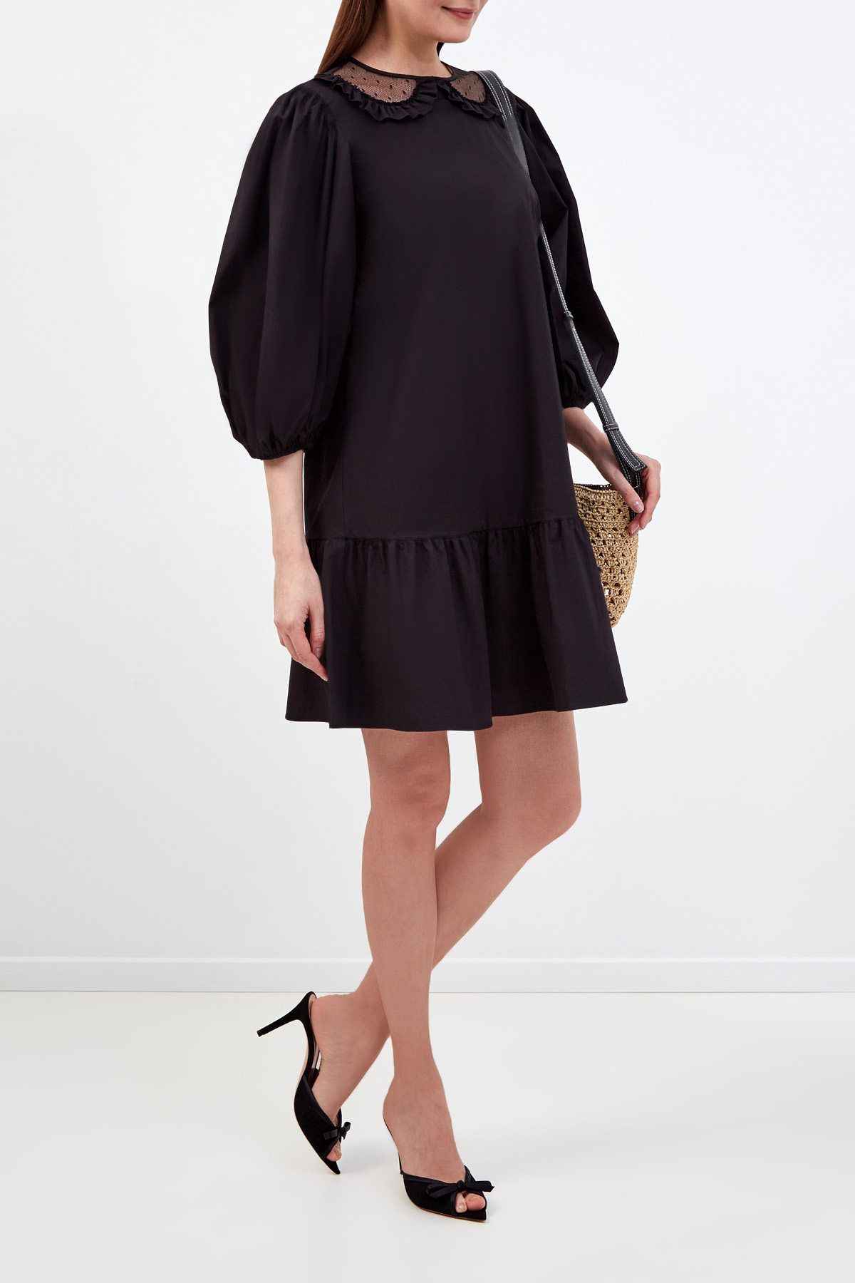 Платье из гладкого хлопка с объемными архитектурными рукавами REDVALENTINO, цвет черный, размер S;XL;M - фото 2
