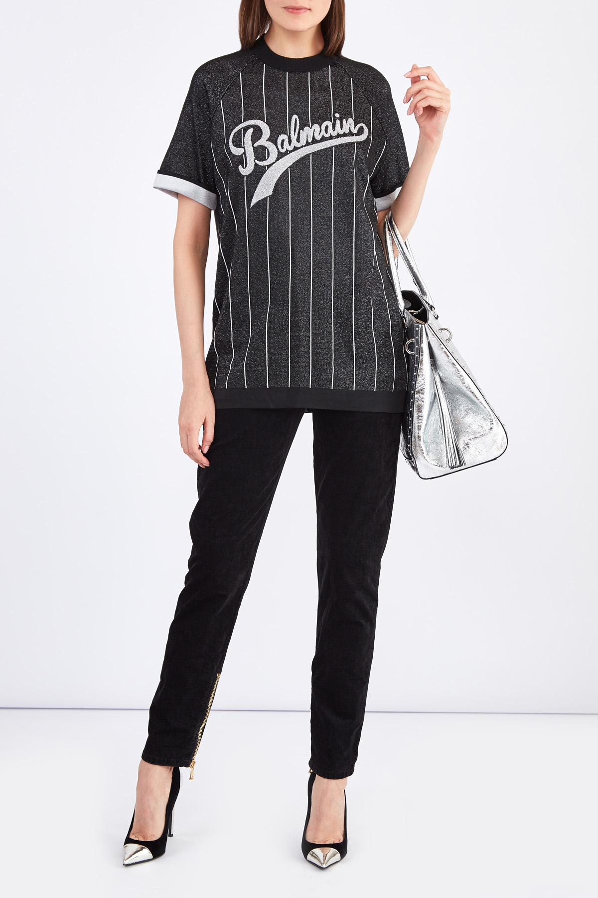 Oversize-джемпер с коротким рукавом с отделкой в спортивном стиле BALMAIN, цвет черный, размер 36;34 - фото 2