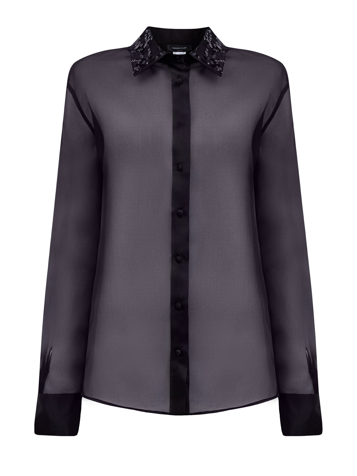 

Полупрозрачная шелковая блуза с вышивкой из пайеток на вороте, Черный, Полупрозрачная шелковая блуза с вышивкой из пайеток на вороте