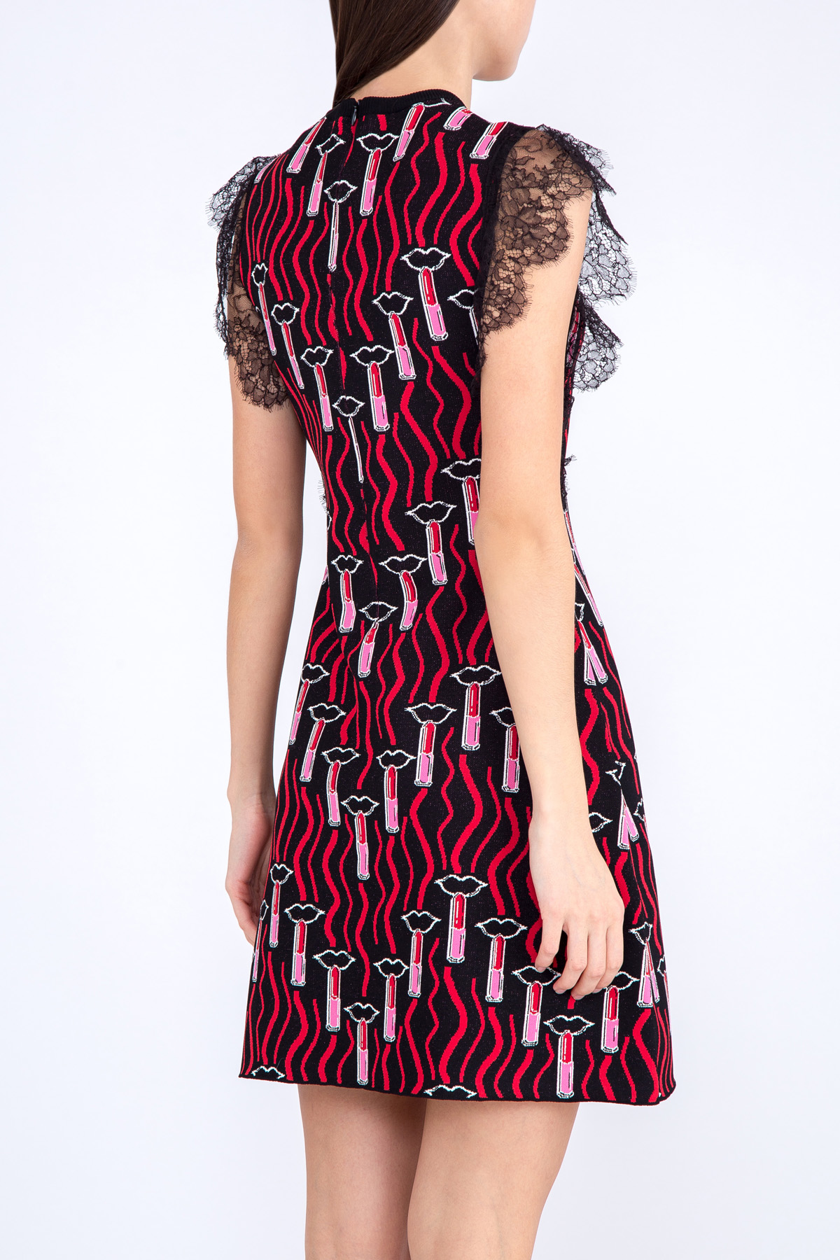 Приталенное трикотажное платье с принтом Lipstick Waves и кружевом VALENTINO, цвет мульти, размер 40 - фото 4