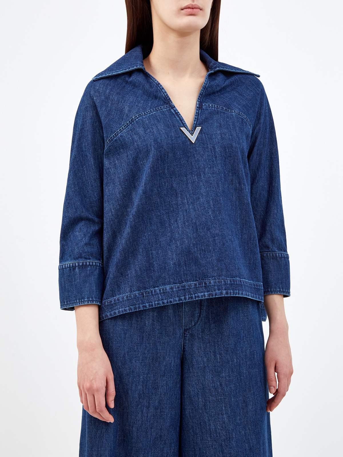 Объемная блуза из тонкого денима с V-образным вырезом VALENTINO, цвет синий, размер 40;42;44;38 - фото 3
