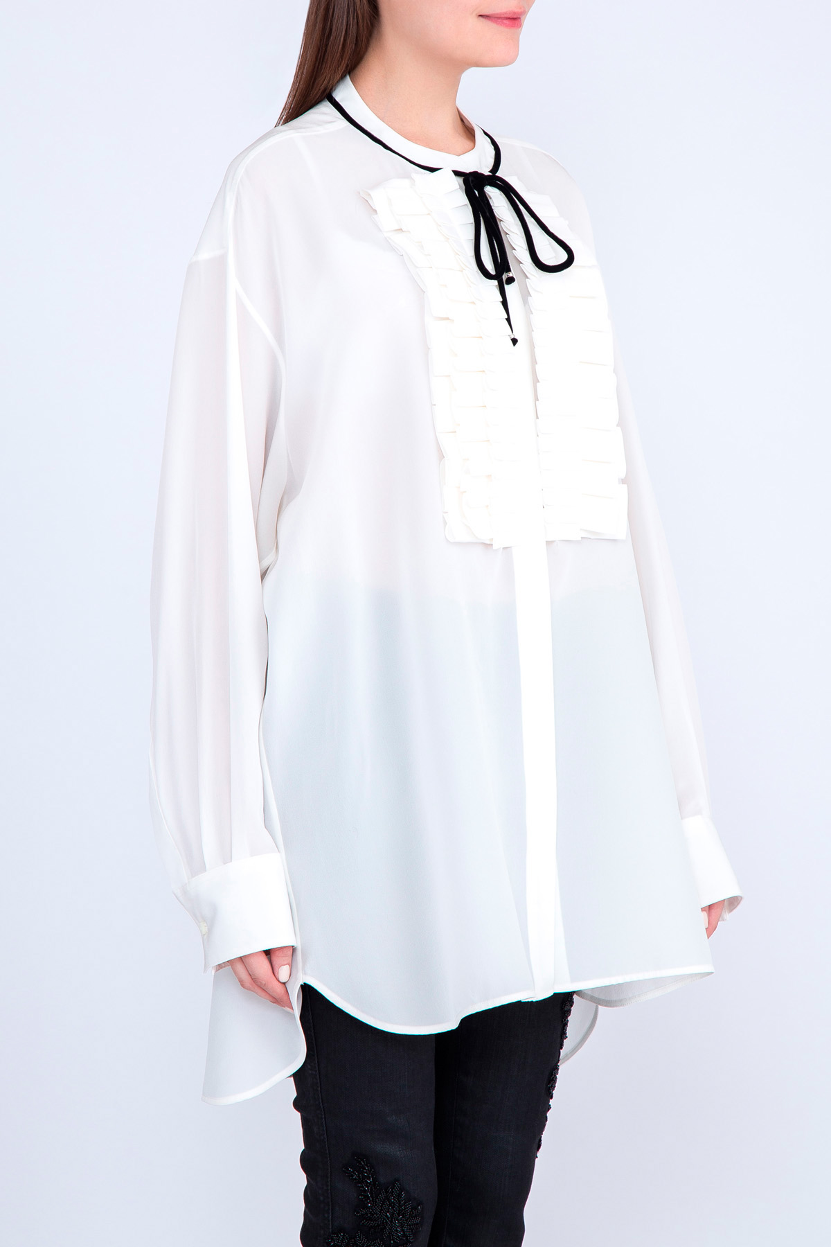 Шелковая блуза oversize-кроя с манишкой и бархатной отделкой ворота ERMANNO SCERVINO, цвет белый, размер 46 - фото 3
