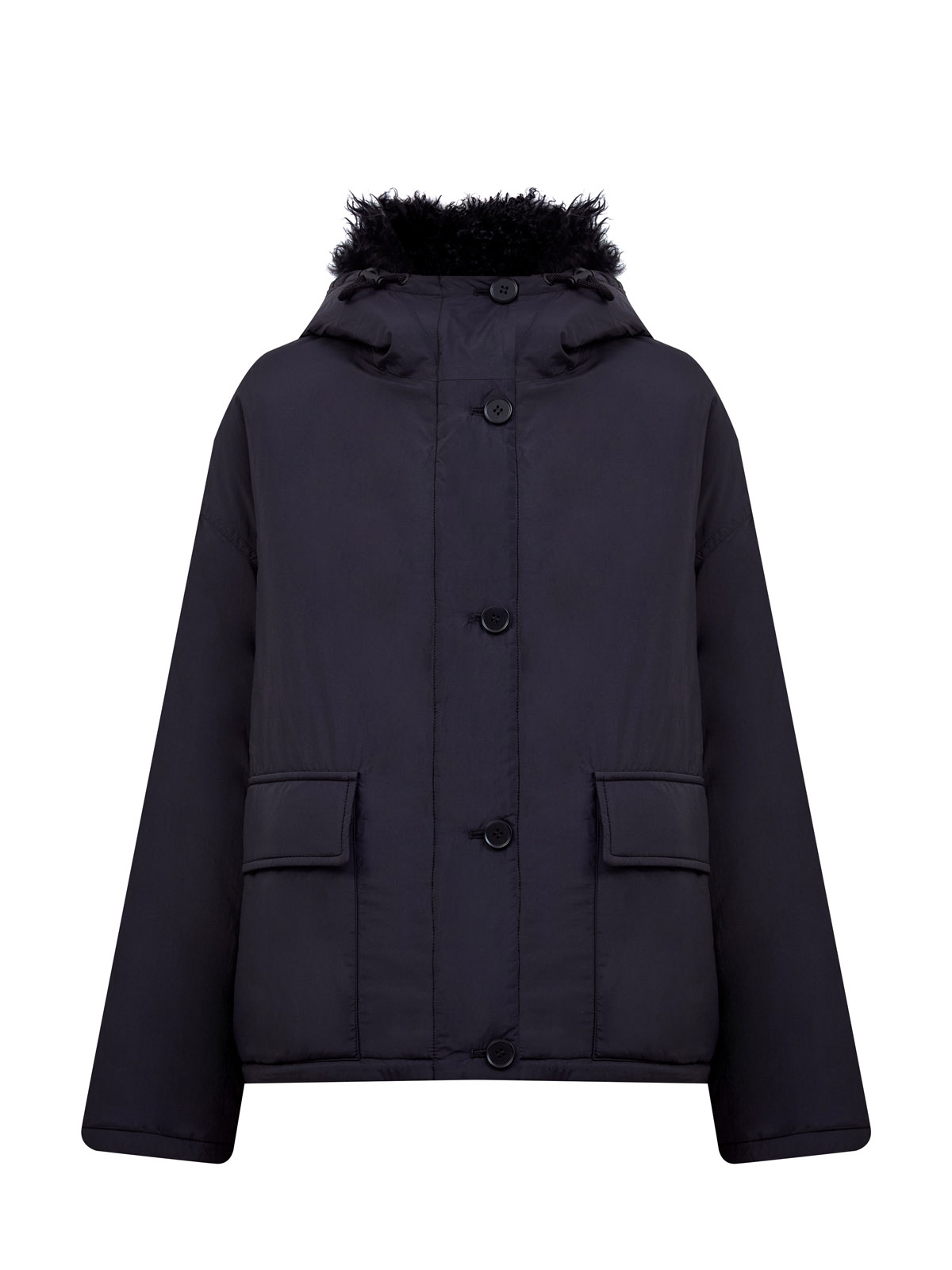 

Короткий ультралегкий пуховик с отделкой из овечьего меха, Черный, Короткий ультралегкий пуховик с отделкой из овечьего меха