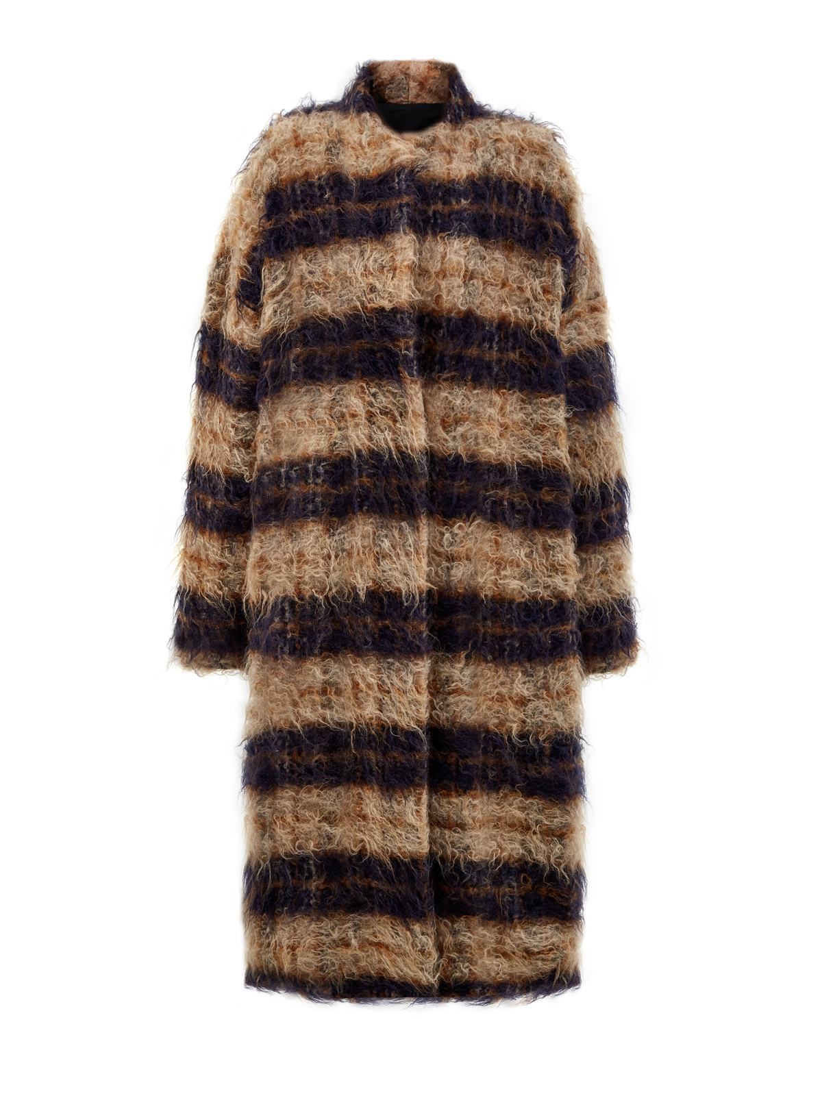 Объемное пальто из эко-меха, мохера и шерсти в полоску GENTRYPORTOFINO, цвет коричневый, размер 44