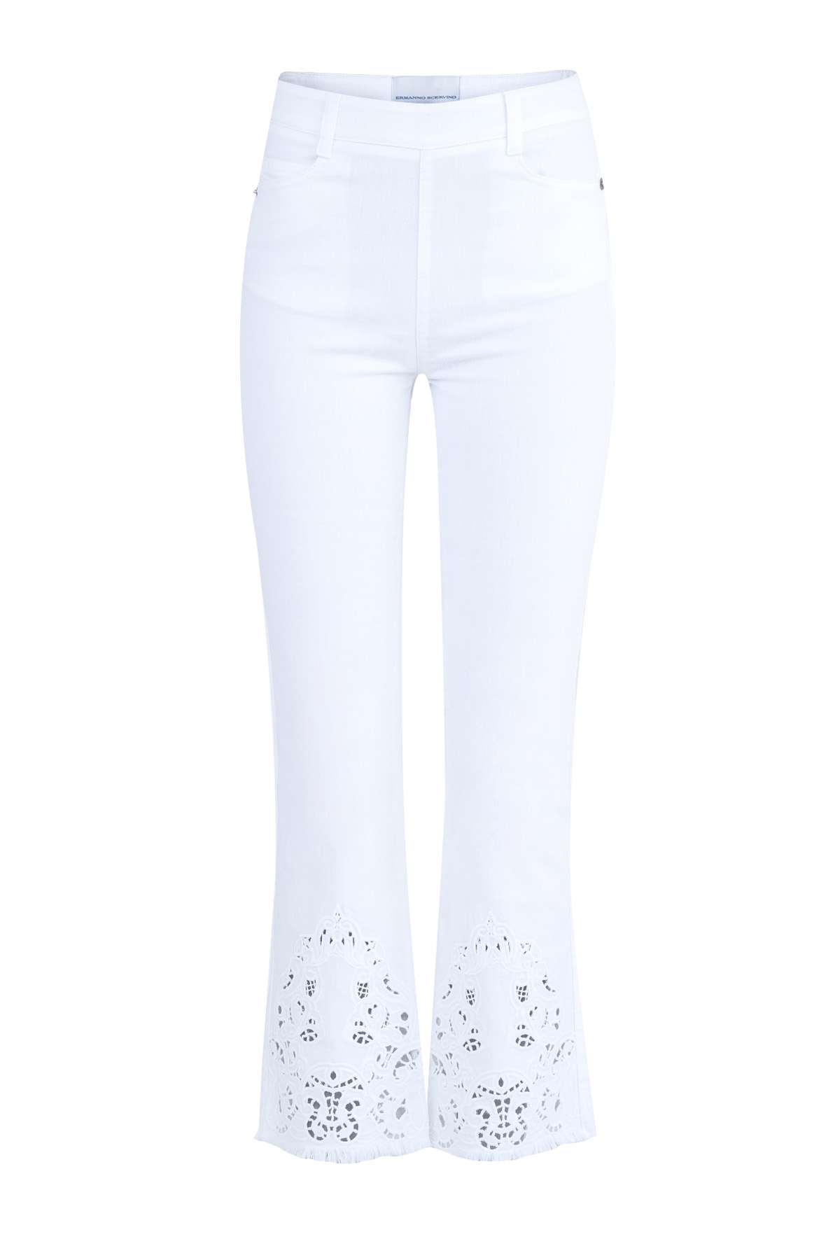 

Укороченные джинсы клеш с кружевной перфорацией, Белый, Укороченные джинсы клеш с кружевной перфорацией
