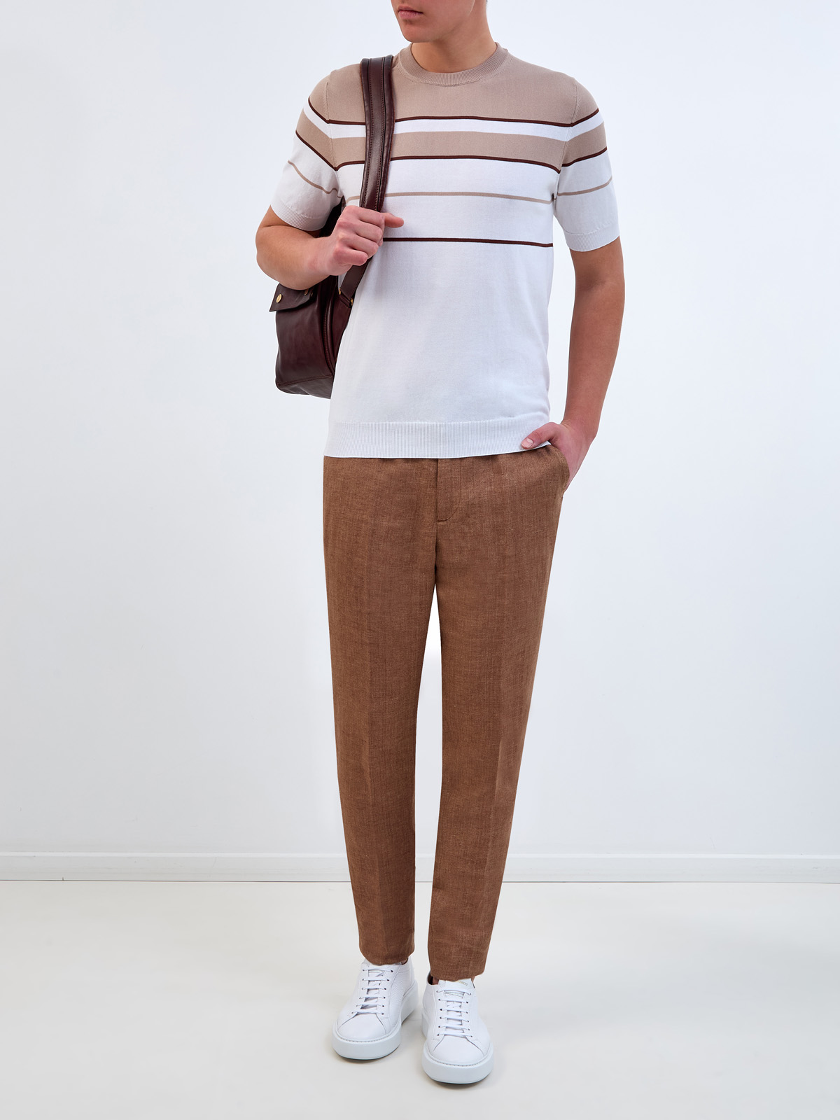 Льняные брюки в стиле sprezzatura с регулируемой кулиской PESERICO, цвет коричневый, размер 48;50;52 - фото 2