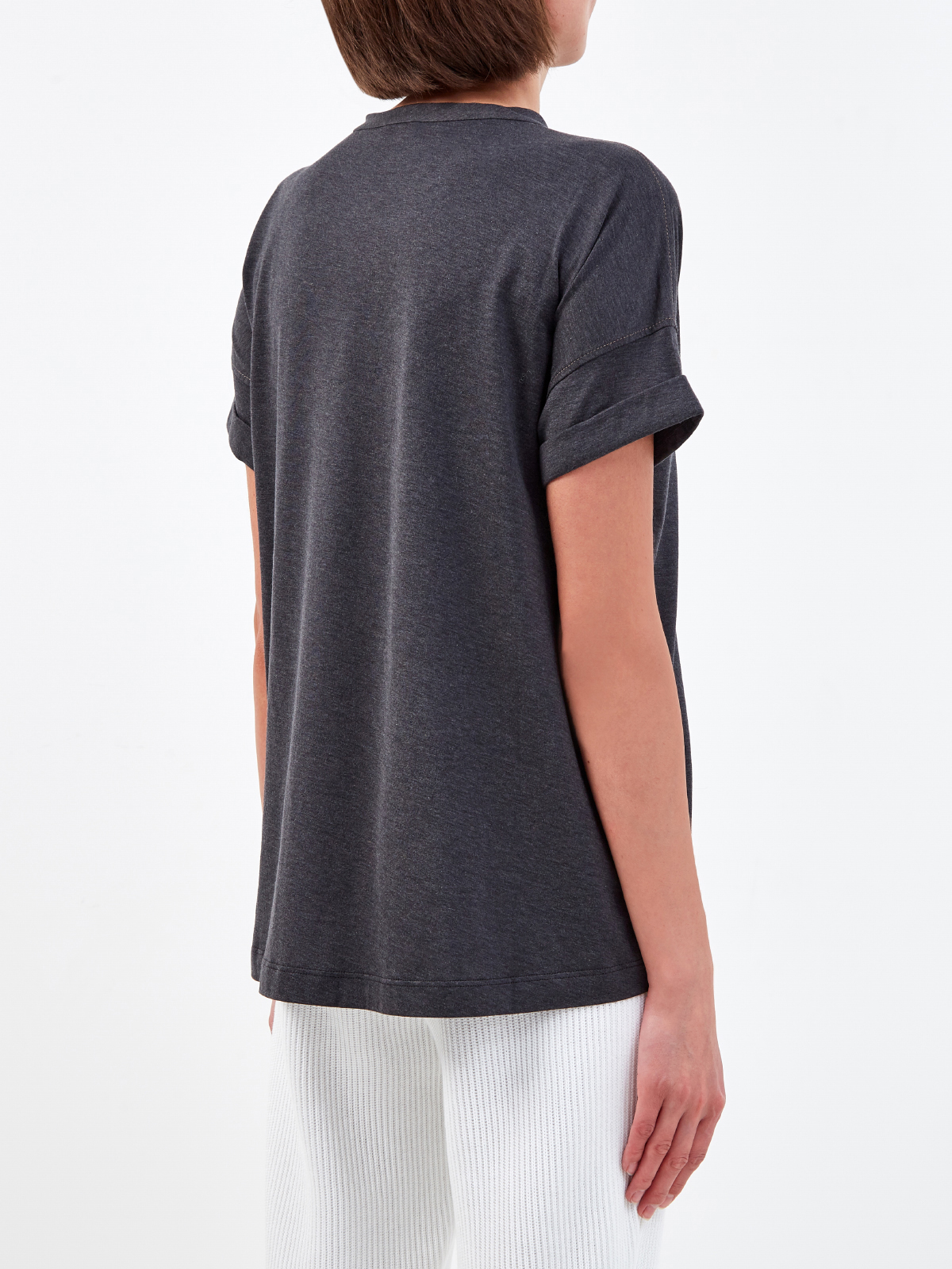 Хлопковая футболка с принтом и декором Мониль BRUNELLO CUCINELLI, цвет серый, размер 38 - фото 4