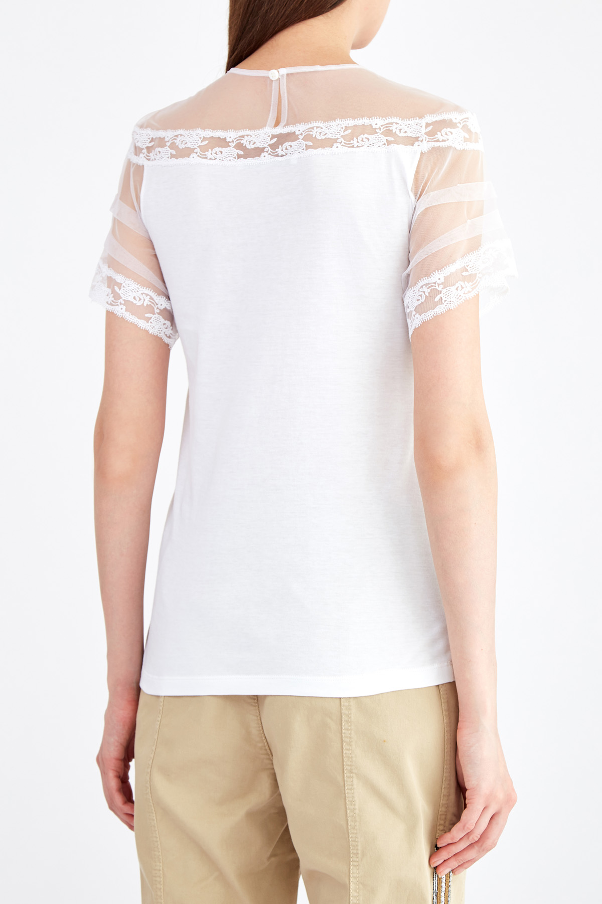 Блуза из джерси с вуалевой вставкой и кружевной вышивкой ERMANNO SCERVINO, цвет белый, размер 40 - фото 4