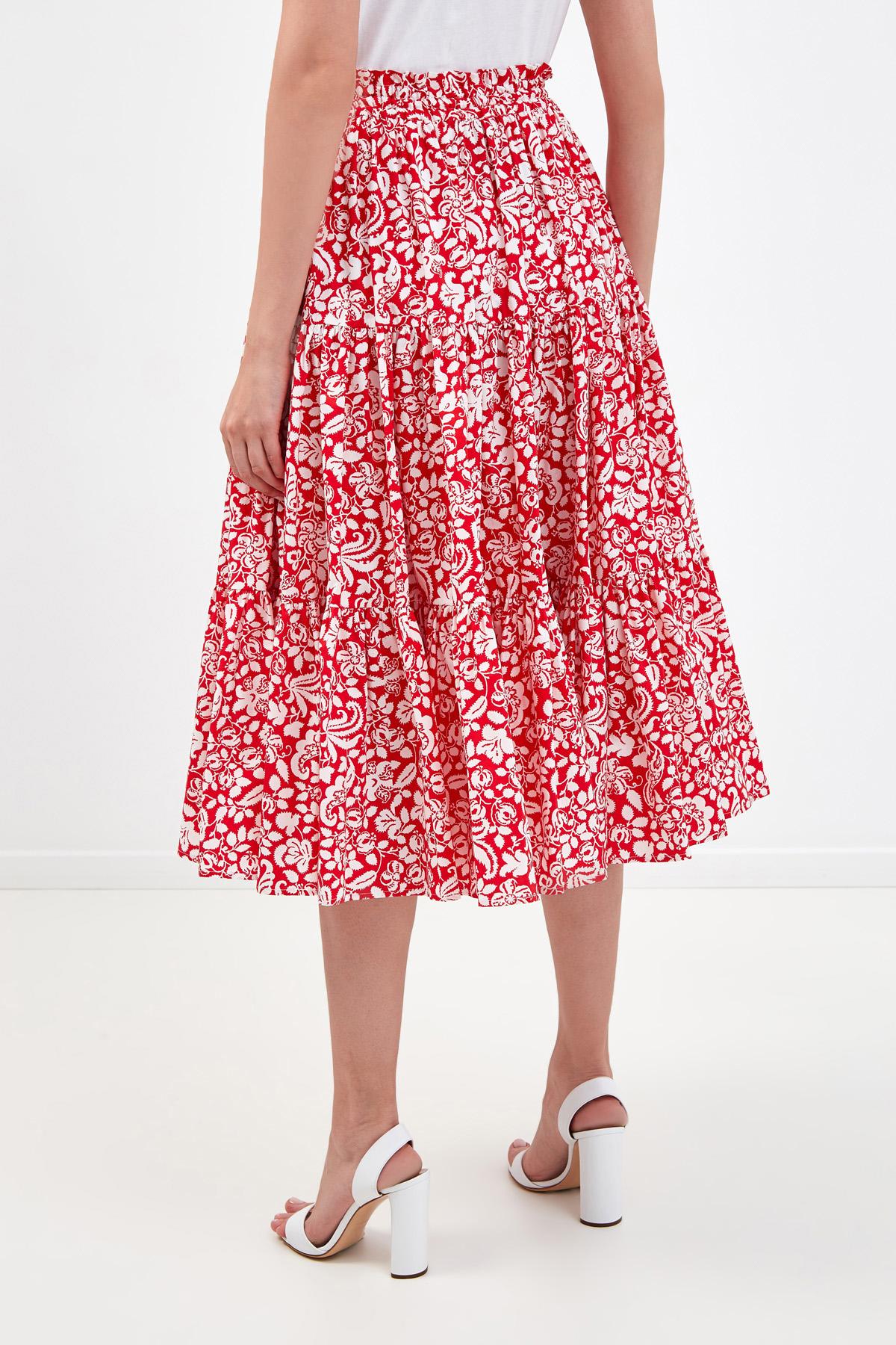 Хлопковая юбка-миди с многоярусным подолом и флористическим паттерном ALEXANDER TEREKHOV, цвет красный, размер 42 - фото 4