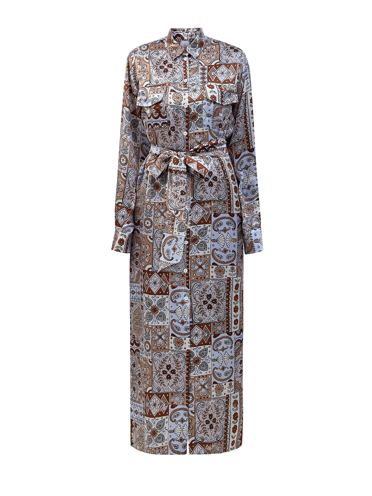 Шелковое платье-рубашка с принтом и поясом в тон ELEVENTY, цвет коричневый, размер 46;48;50 - фото 1