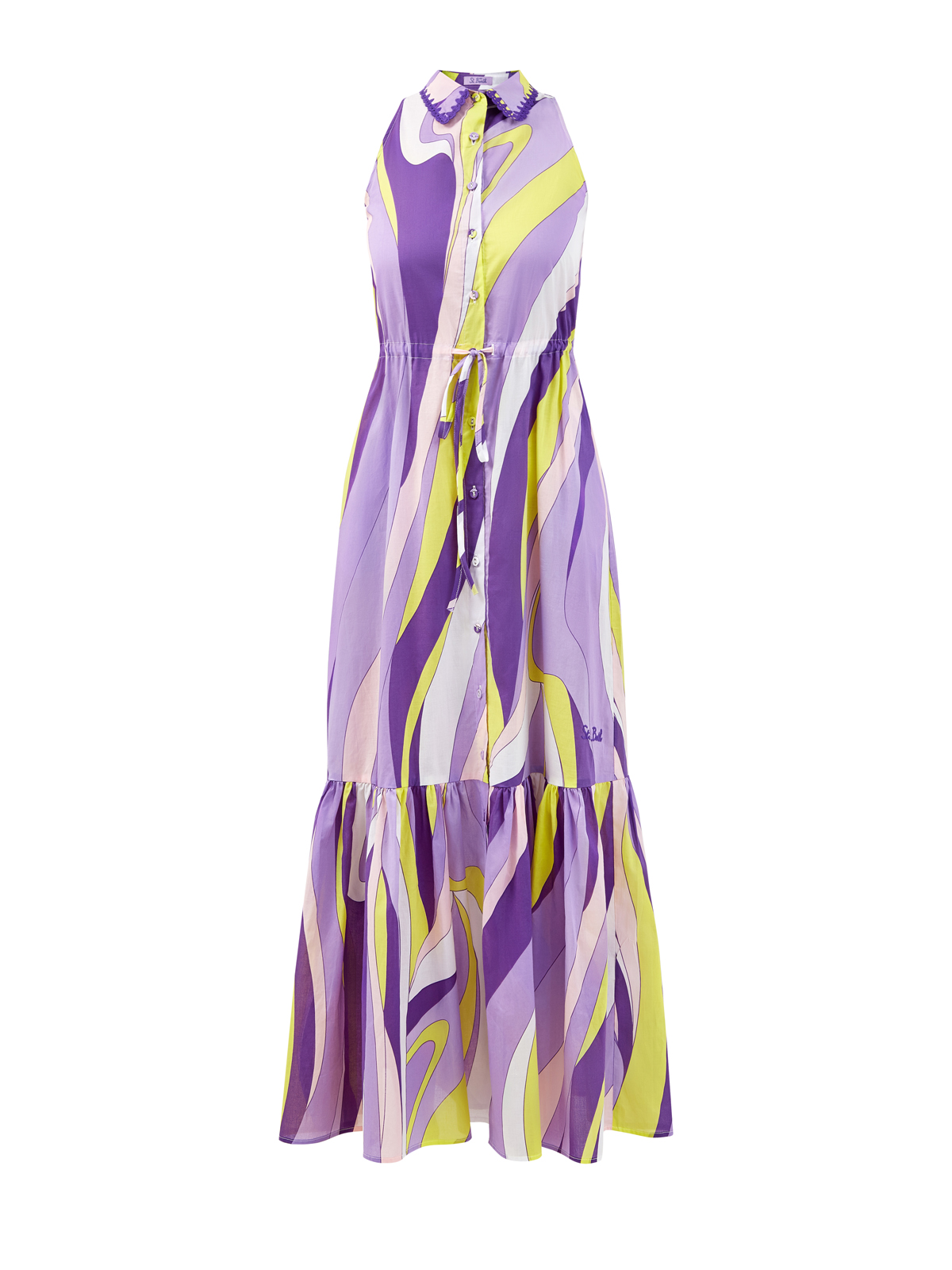 Хлопковое платье-макси с поясом и принтом Shape Wave MC2 SAINT BARTH, цвет фиолетовый, размер 40 - фото 1