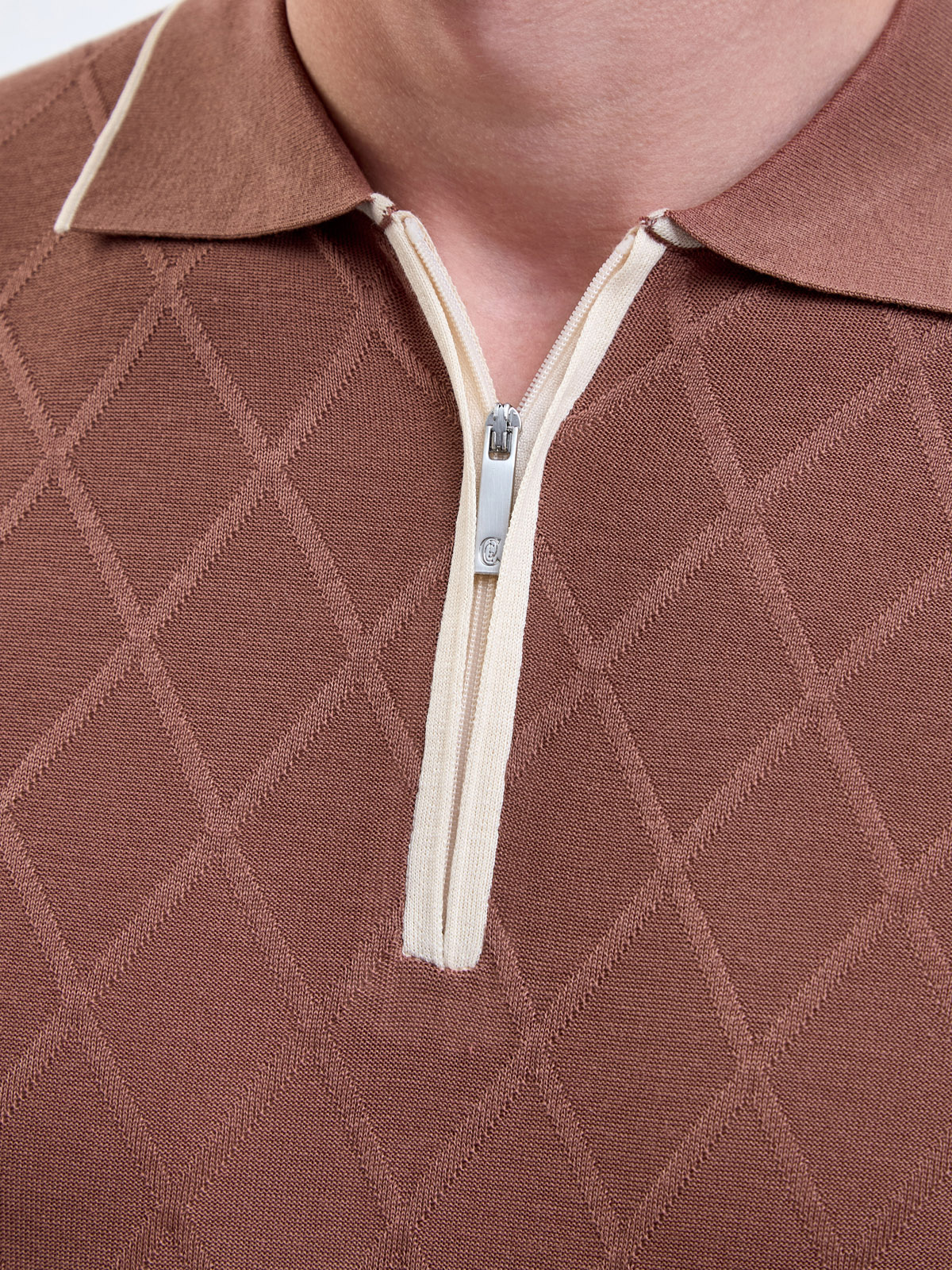 Поло из хлопка и шелка с ромбовидным узором и окантовкой CUDGI, цвет коричневый, размер M;L;3XL;4XL - фото 5