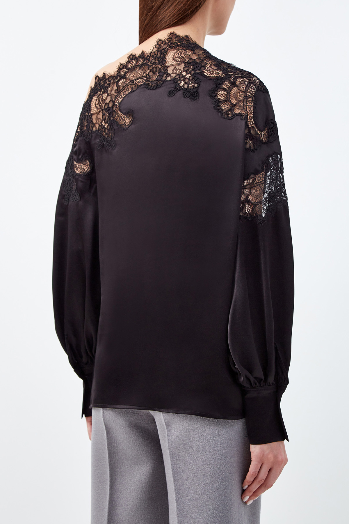 Блуза из шелкового атласа с кружевной отделкой ERMANNO SCERVINO, цвет черный, размер 40;38 - фото 4