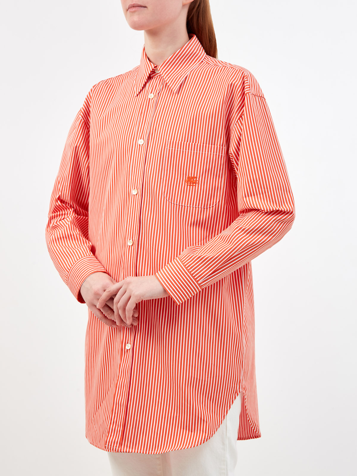 Хлопковая рубашка удлиненного кроя с принтом в полоску ETRO, цвет оранжевый, размер 38;40;42;44 - фото 3
