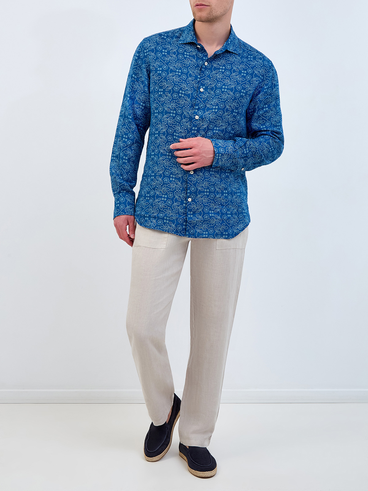 Льняная рубашка с флористическим паттерном Sashiko MC2 SAINT BARTH, цвет синий, размер 50;52;54;56;58 - фото 2
