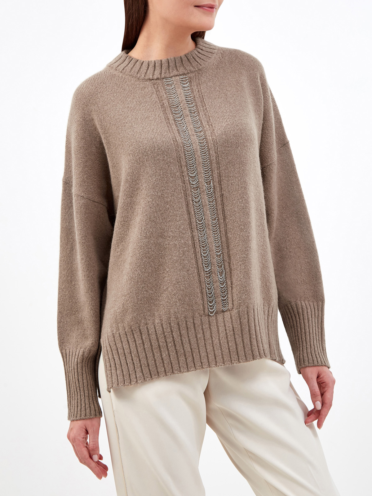 Джемпер из шерсти, шелка и кашемира с ювелирными цепочками PESERICO, цвет коричневый, размер 48;46 - фото 3