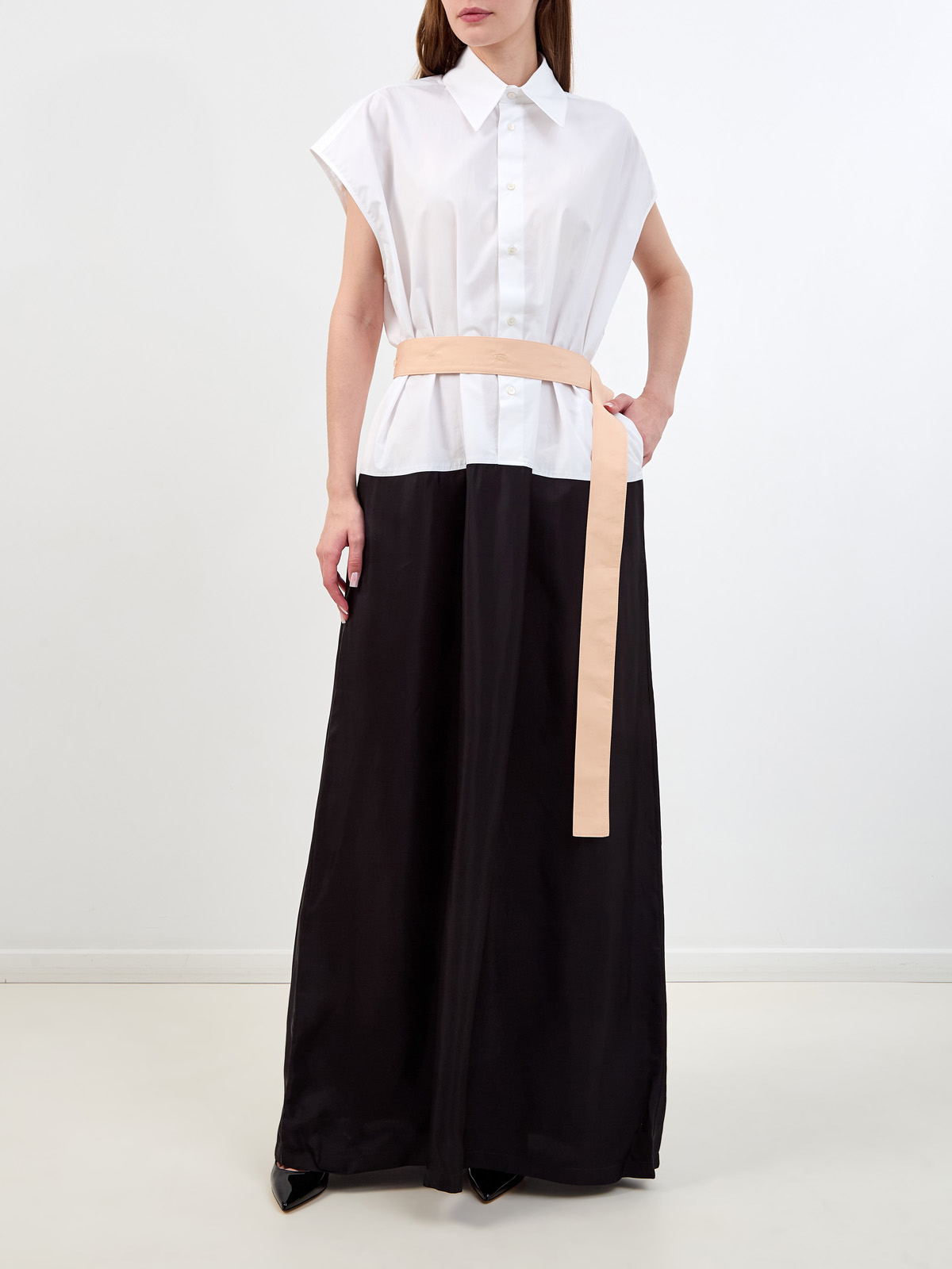 Хлопковое платье-рубашка в стиле colorblock с контрастным поясом FABIANA FILIPPI, цвет мульти, размер 40;42 - фото 2