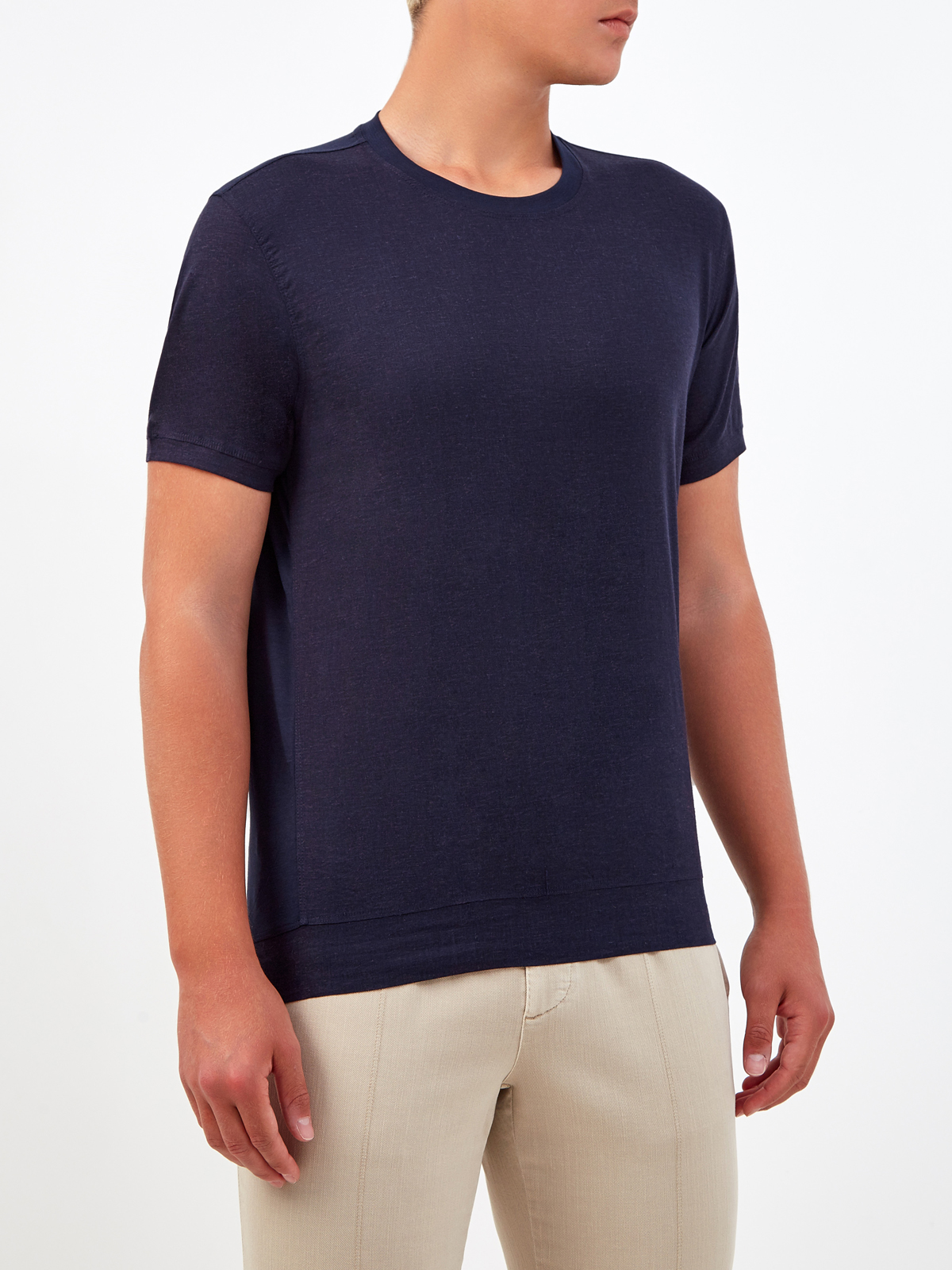Комбинированная льняная футболка с воротом в рубчик CUDGI, цвет синий, размер 50;52;54;56;48 - фото 3