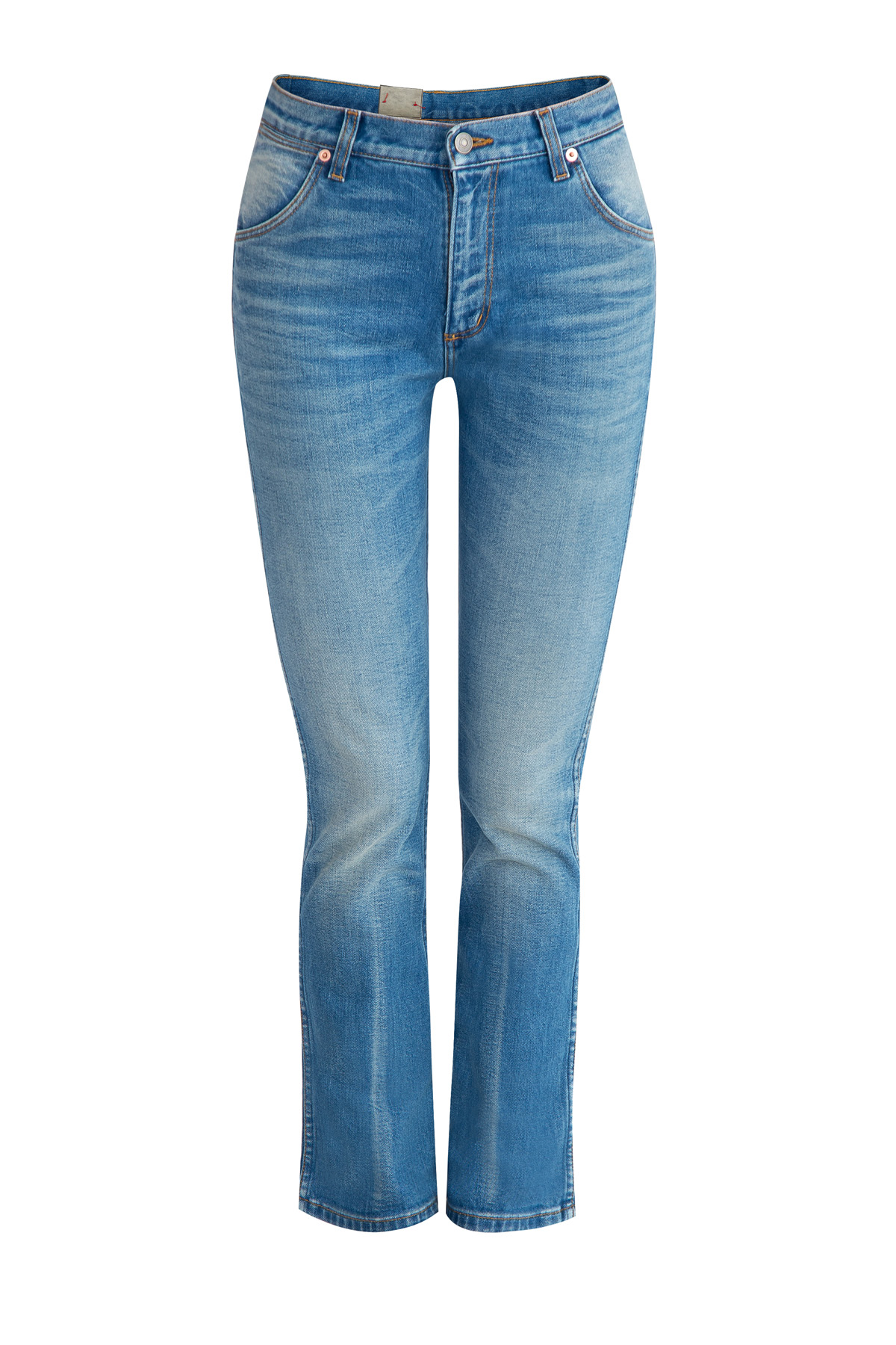 

Джинсы винтажного голубого цвета с прострочкой нитями табачного тона