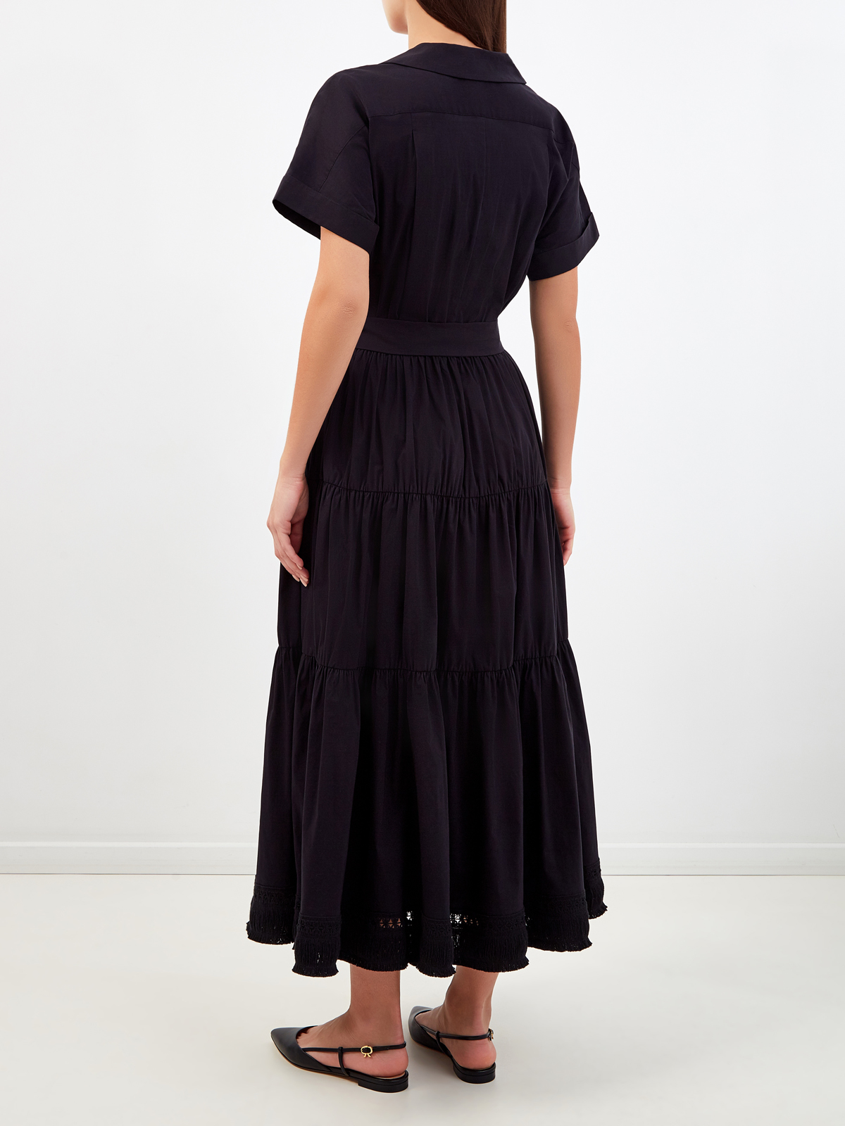 Платье из хлопка с объемным подолом и ажурной бахромой RE VERA, цвет черный, размер 44;46;42 - фото 4