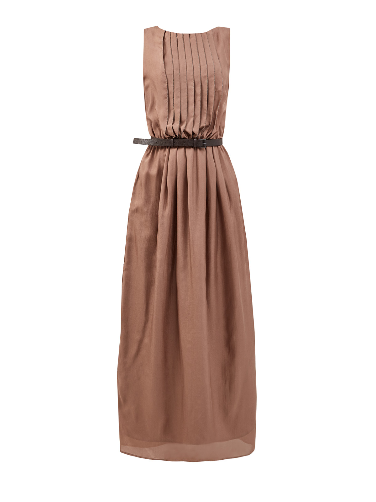 Шелковое платье с блестящими цепочками и кожаным поясом FABIANA FILIPPI коричневого цвета