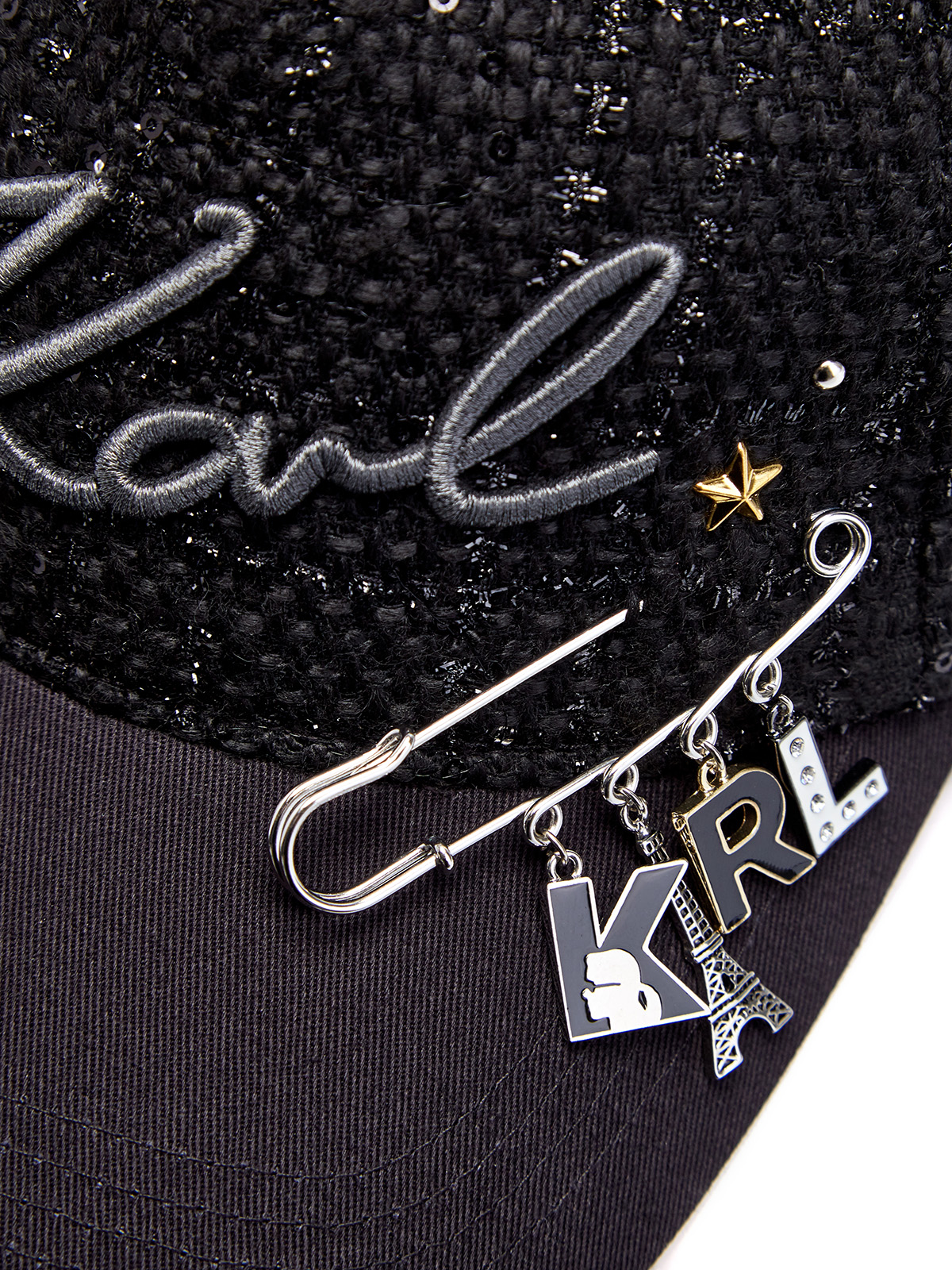 Бейсболка K/Studio из твида букле с подвесками и логотипом KARL LAGERFELD, цвет черный, размер 37.5;37;36.5;38.5;39.5;38 Бейсболка K/Studio из твида букле с подвесками и логотипом - фото 4