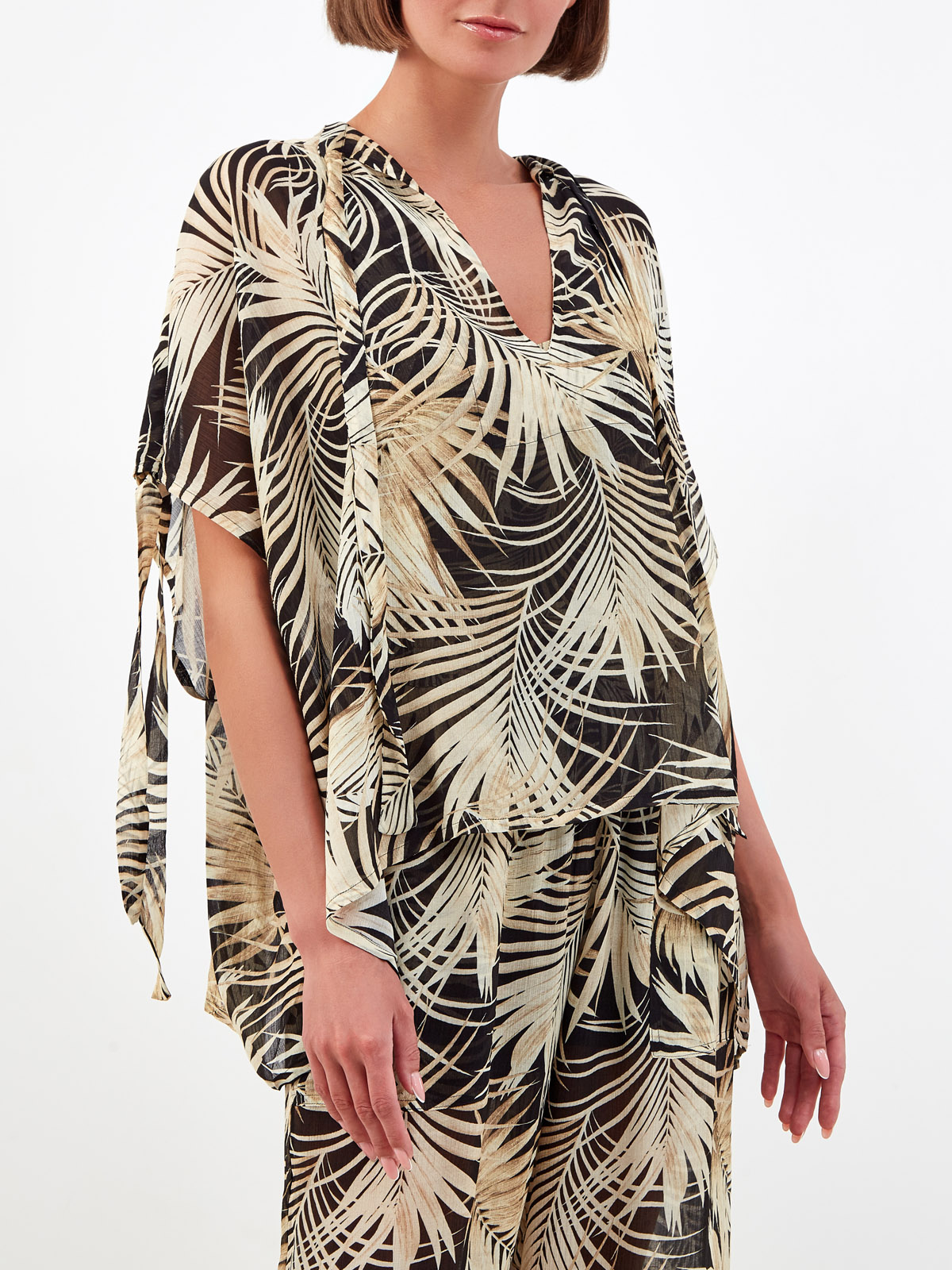 Легкая блуза из вискозы и шелка с тропическим принтом FISICO, цвет бежевый, размер M;XL;S - фото 3