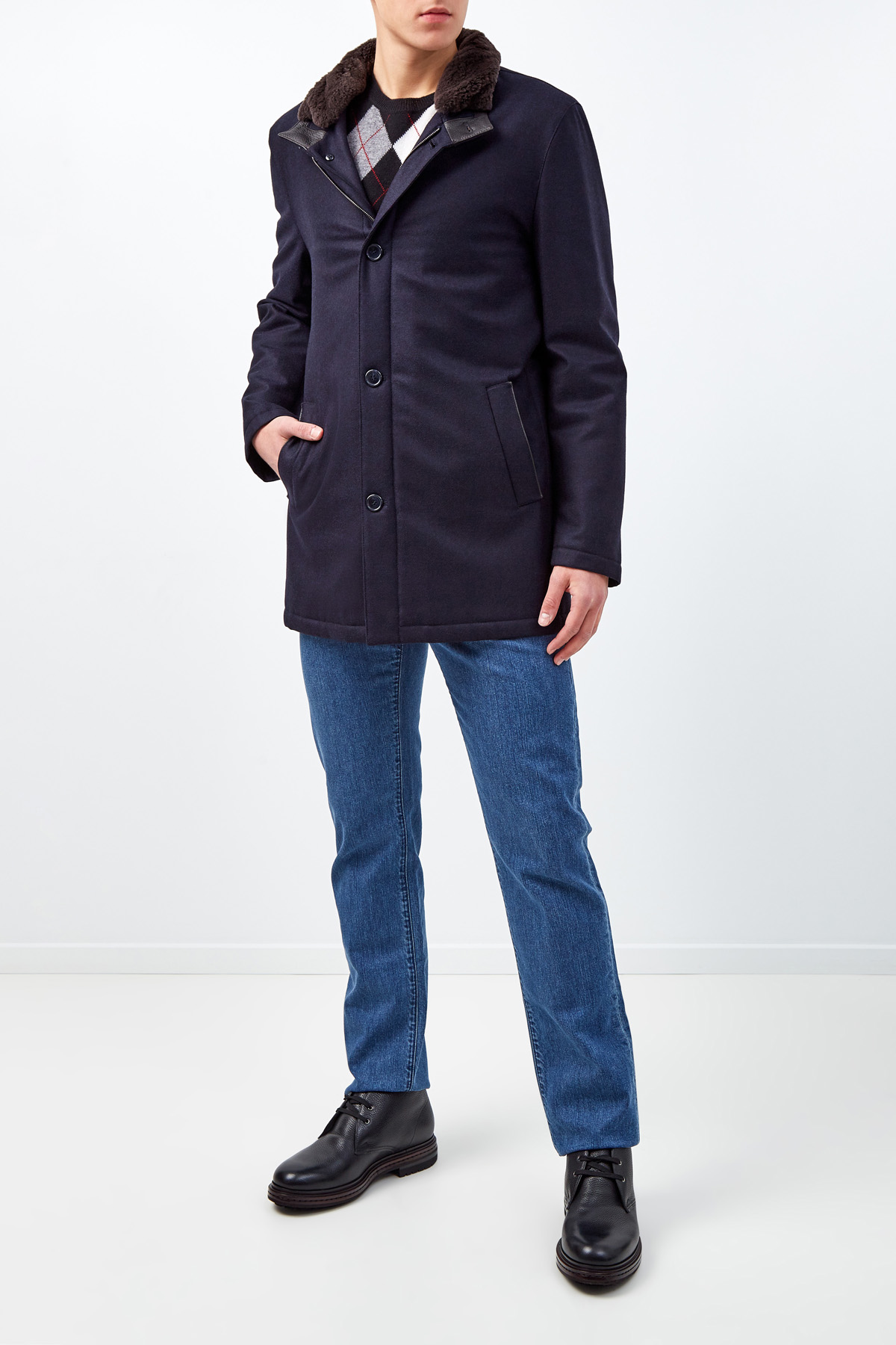 Пальто из шерстяного драпа с отделкой из кожи оленя ENRICO MANDELLI, цвет синий, размер 50;52;54;58;60;62 - фото 2