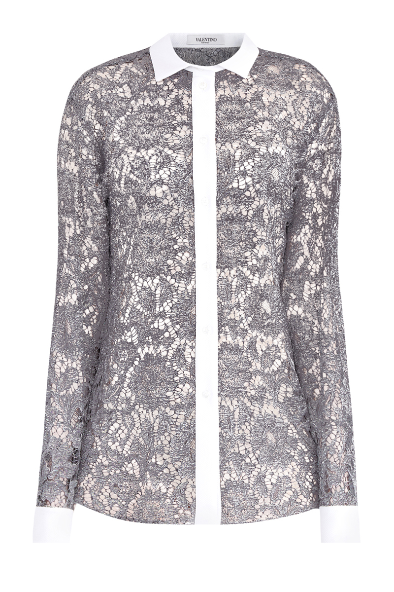 Рубашка из ажурного кружева с нитями люрекса и контрастной отделкой VALENTINO, цвет серый, размер 40;44 - фото 1