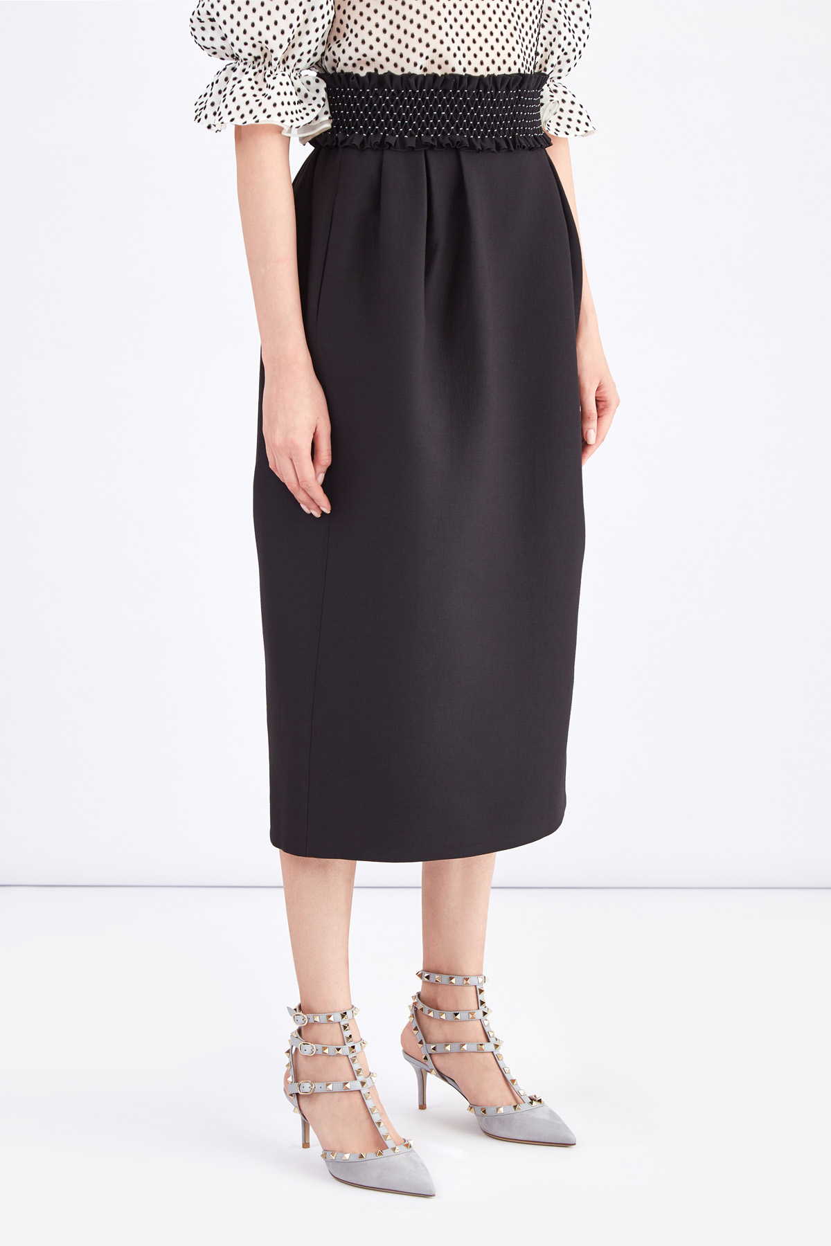 Черная юбка-колокол длины миди с фактурным поясом ручной отделки VALENTINO, цвет черный, размер 42 - фото 3