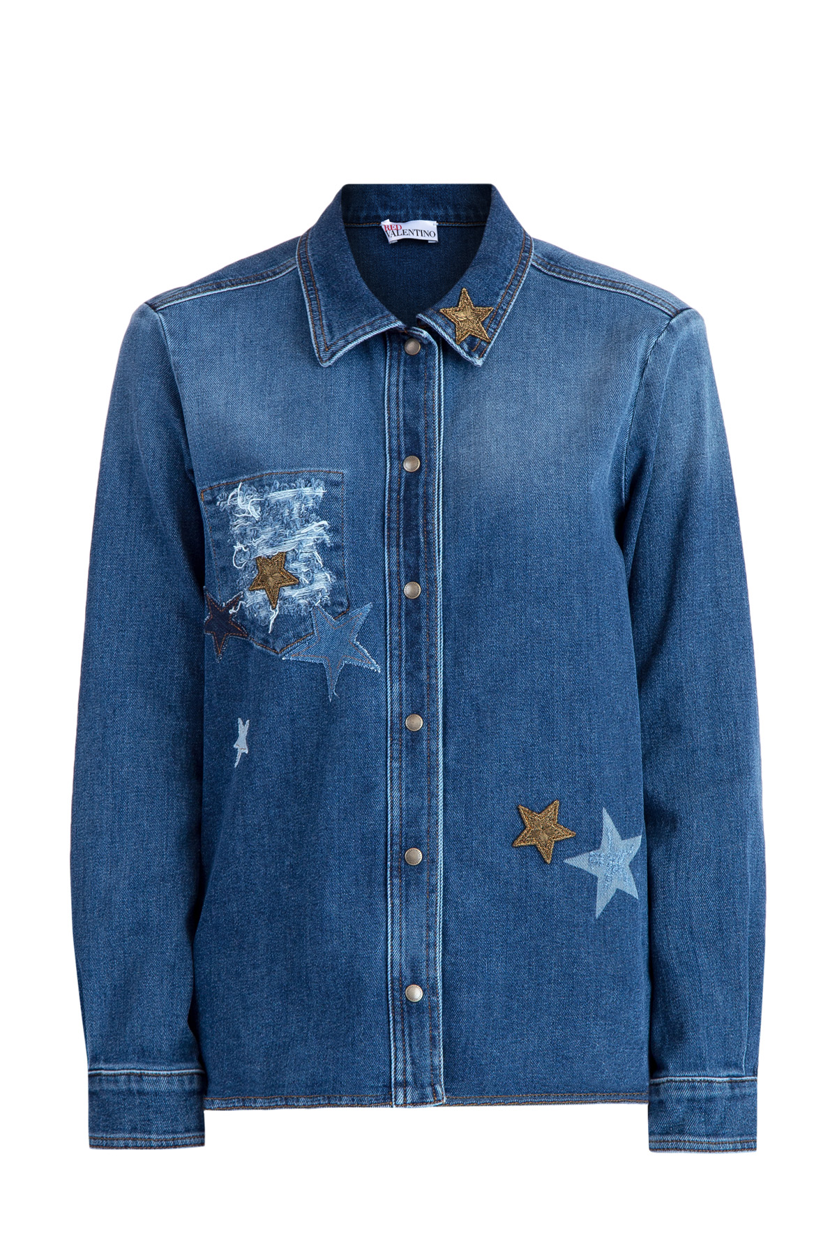 Джинсовая рубашка с аппликациями и вышивкой бисером в виде звезд